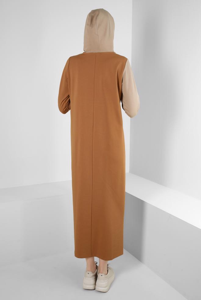 Tesettür giyim SARI İKİ RENKLİ KAPÜŞONLU EŞOFMAN ELBİSE 43695 - ALVİNA