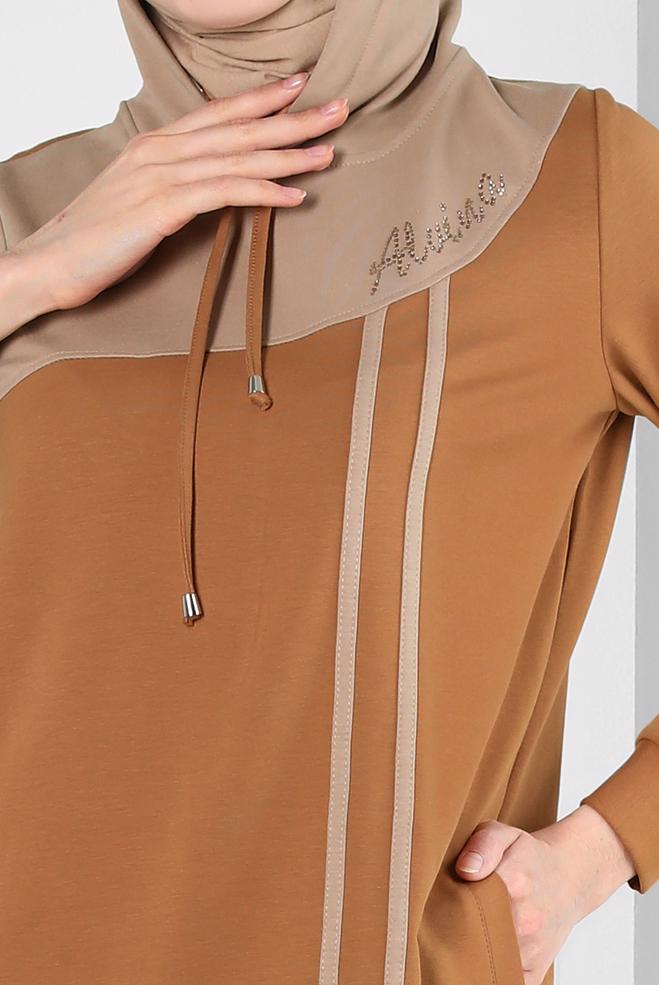 Tesettür giyim SARI İKİ RENKLİ KAPÜŞONLU EŞOFMAN ELBİSE 43695 - ALVİNA