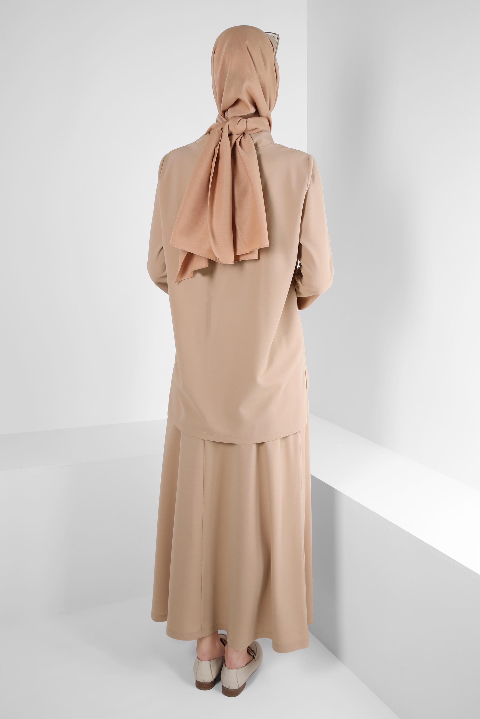 Tesettür giyim BEJ TAŞ BASKILI ETEKLİ EŞOFMAN TAKIM 43696