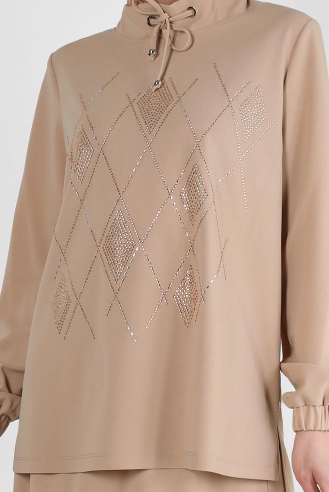 Tesettür giyim BEJ TAŞ BASKILI ETEKLİ EŞOFMAN TAKIM 43696 - ALVİNA