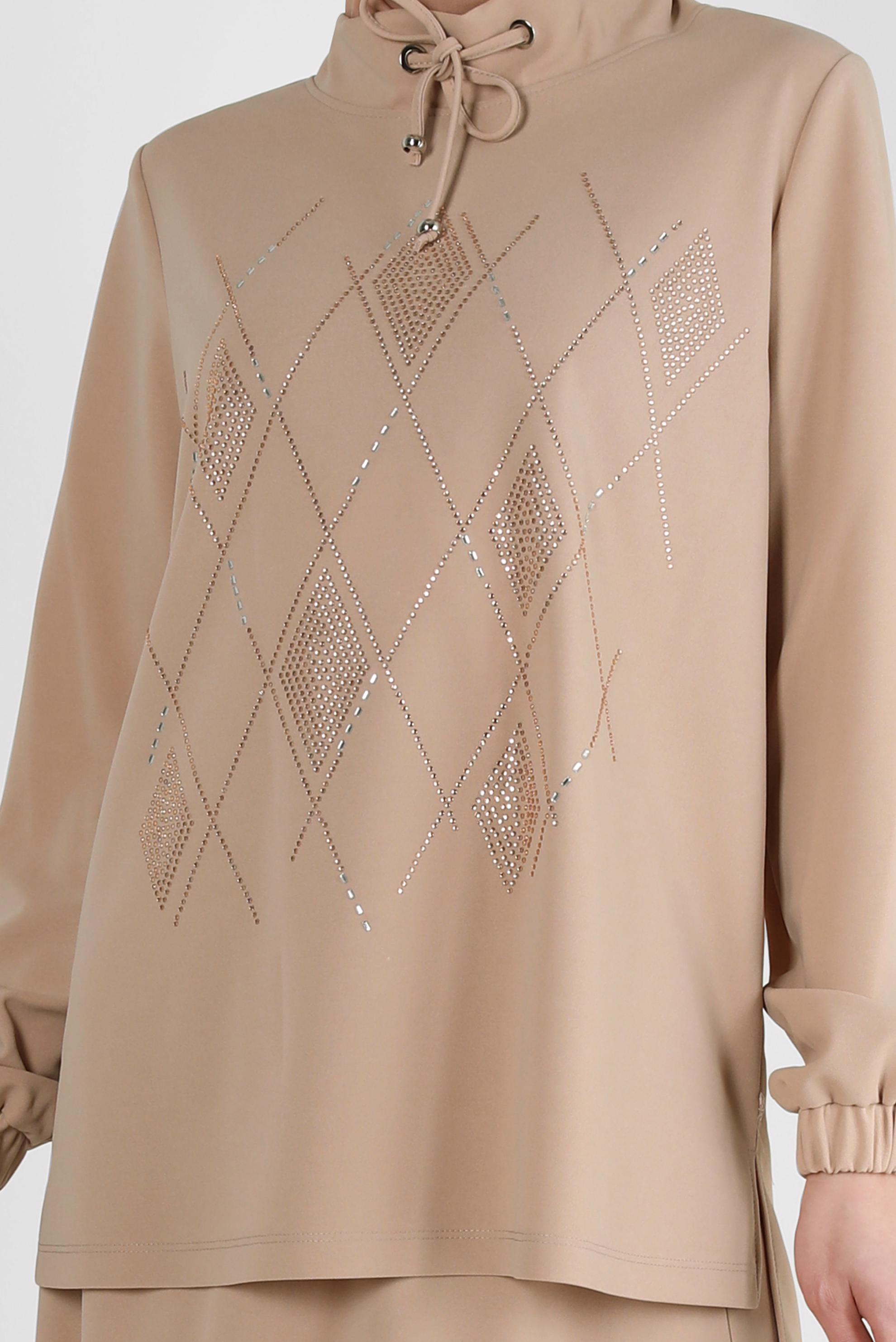 Tesettür giyim BEJ TAŞ BASKILI ETEKLİ EŞOFMAN TAKIM 43696