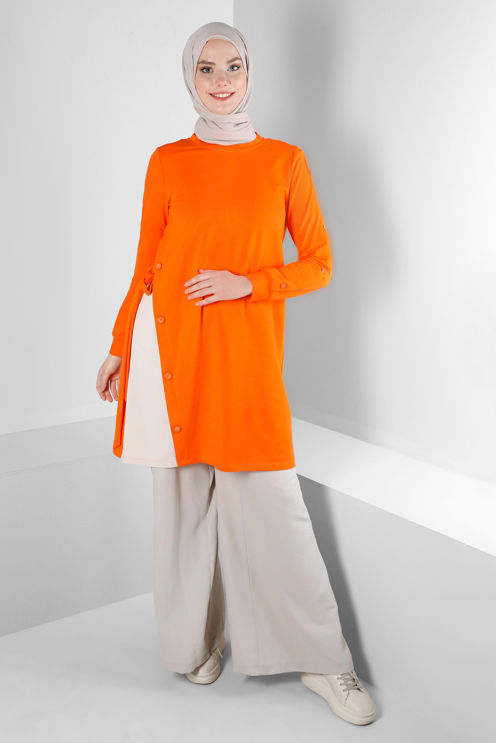 Tesettür giyim TURUNCU YANI BAĞLAMA DETAYLI DÜĞMELİ EŞOFMAN TUNİK 43697