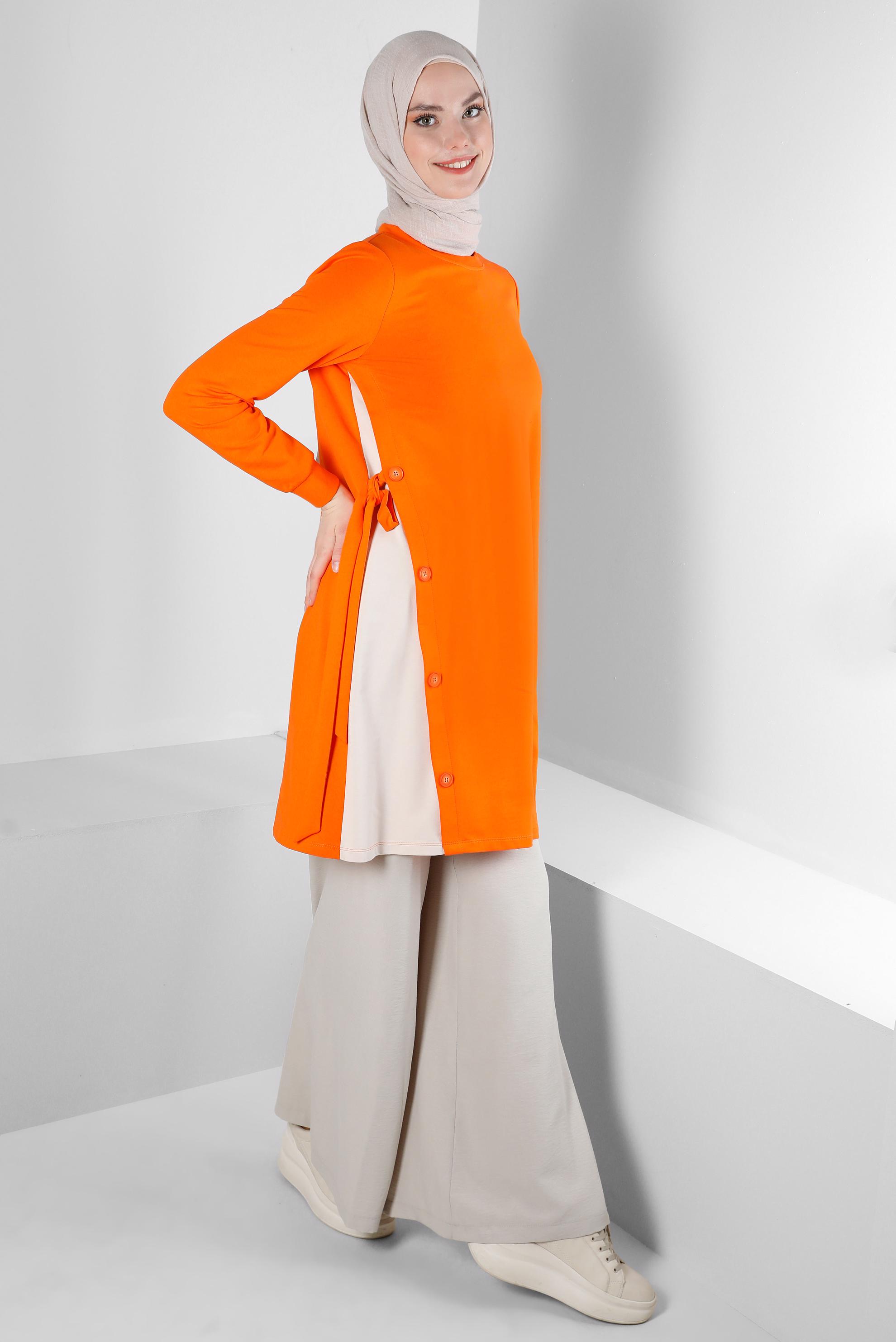 Tesettür giyim TURUNCU YANI BAĞLAMA DETAYLI DÜĞMELİ EŞOFMAN TUNİK 43697