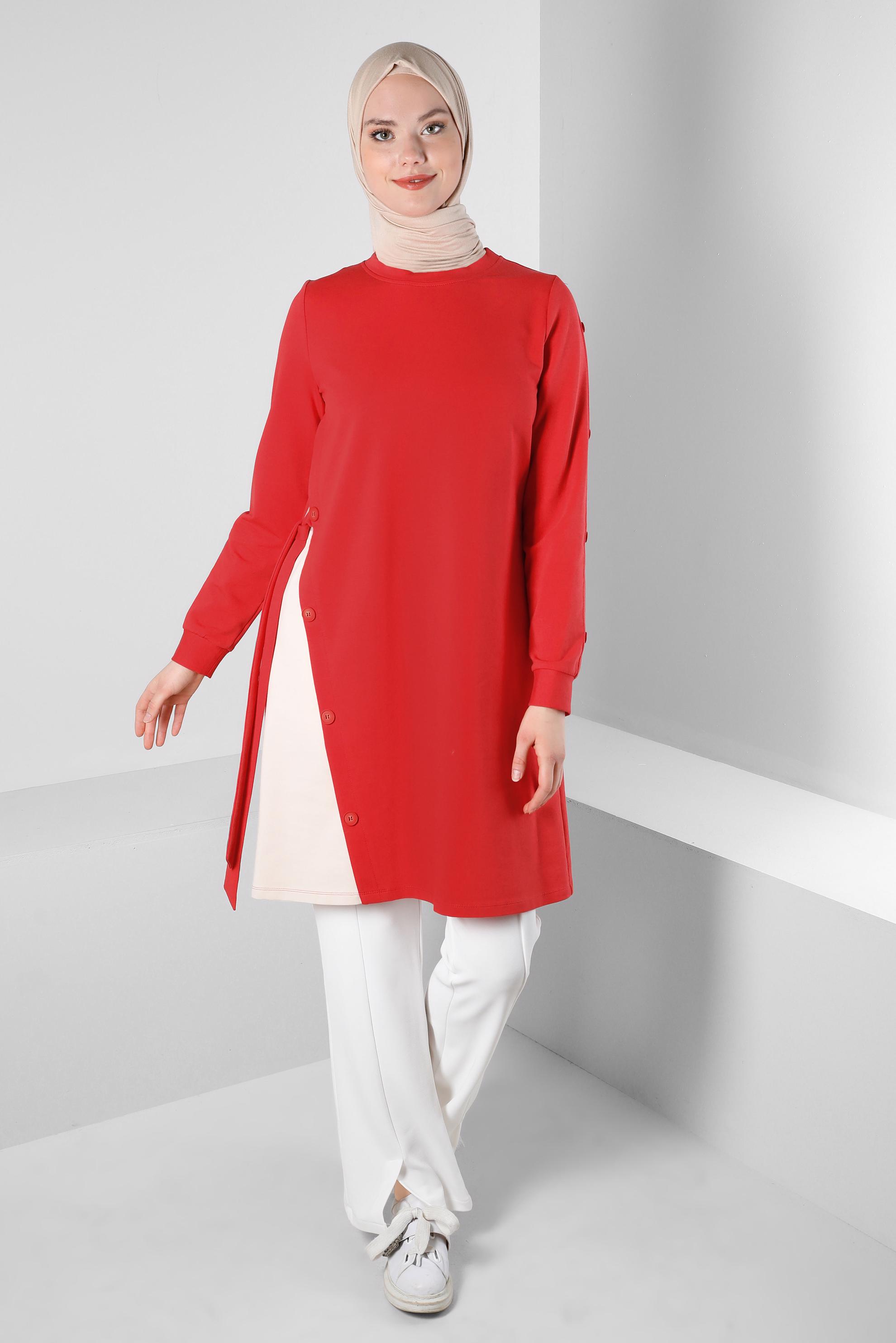Tesettür giyim KIRMIZI YANI BAĞLAMA DETAYLI DÜĞMELİ EŞOFMAN TUNİK 43697