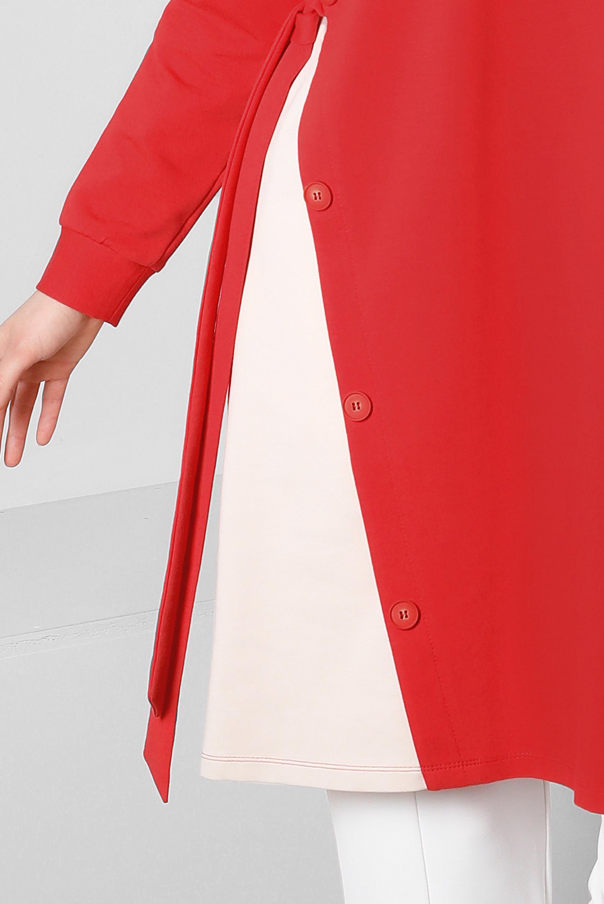 Tesettür giyim KIRMIZI YANI BAĞLAMA DETAYLI DÜĞMELİ EŞOFMAN TUNİK 43697