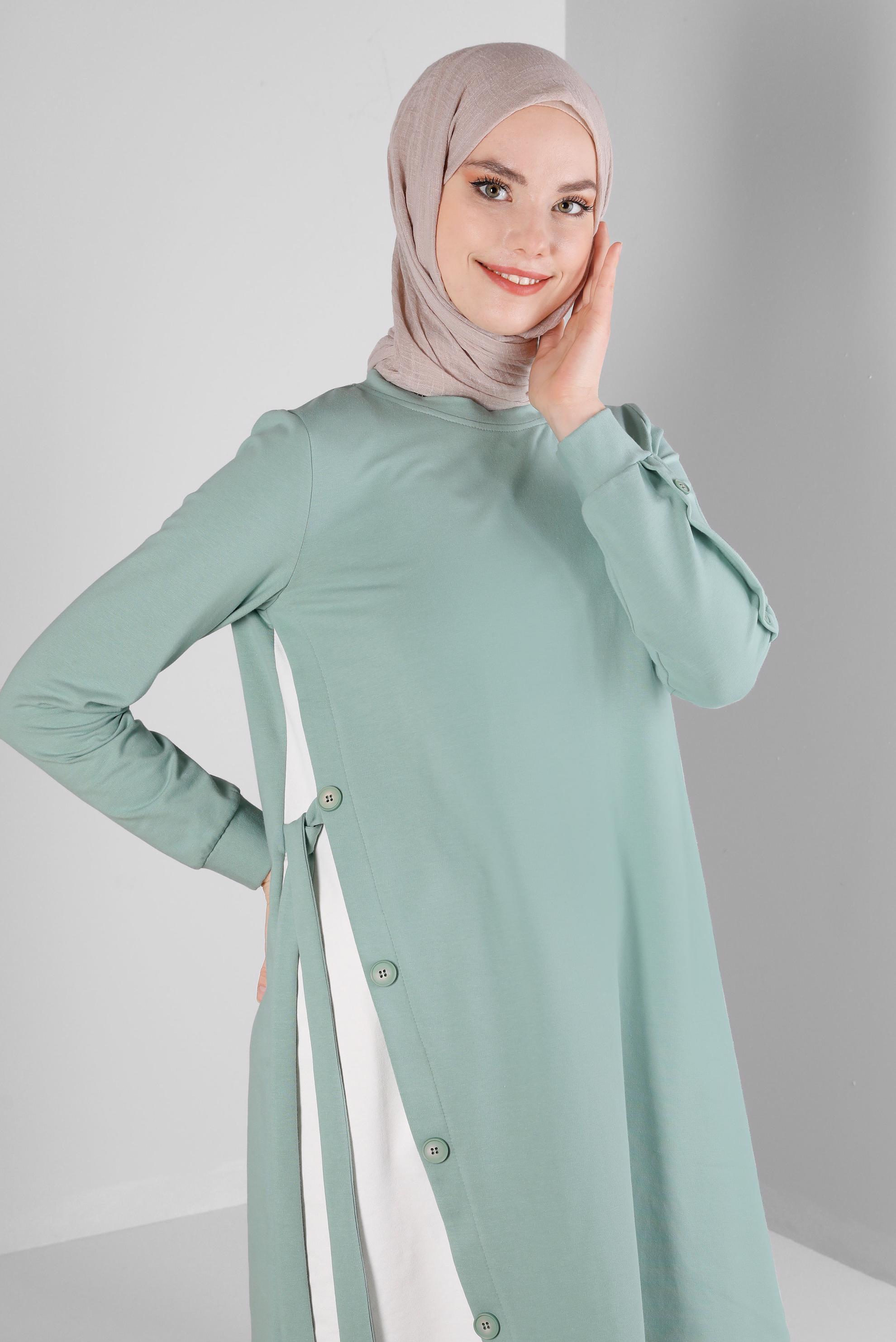Tesettür giyim YEŞİL YANI BAĞLAMA DETAYLI DÜĞMELİ EŞOFMAN TUNİK 43697