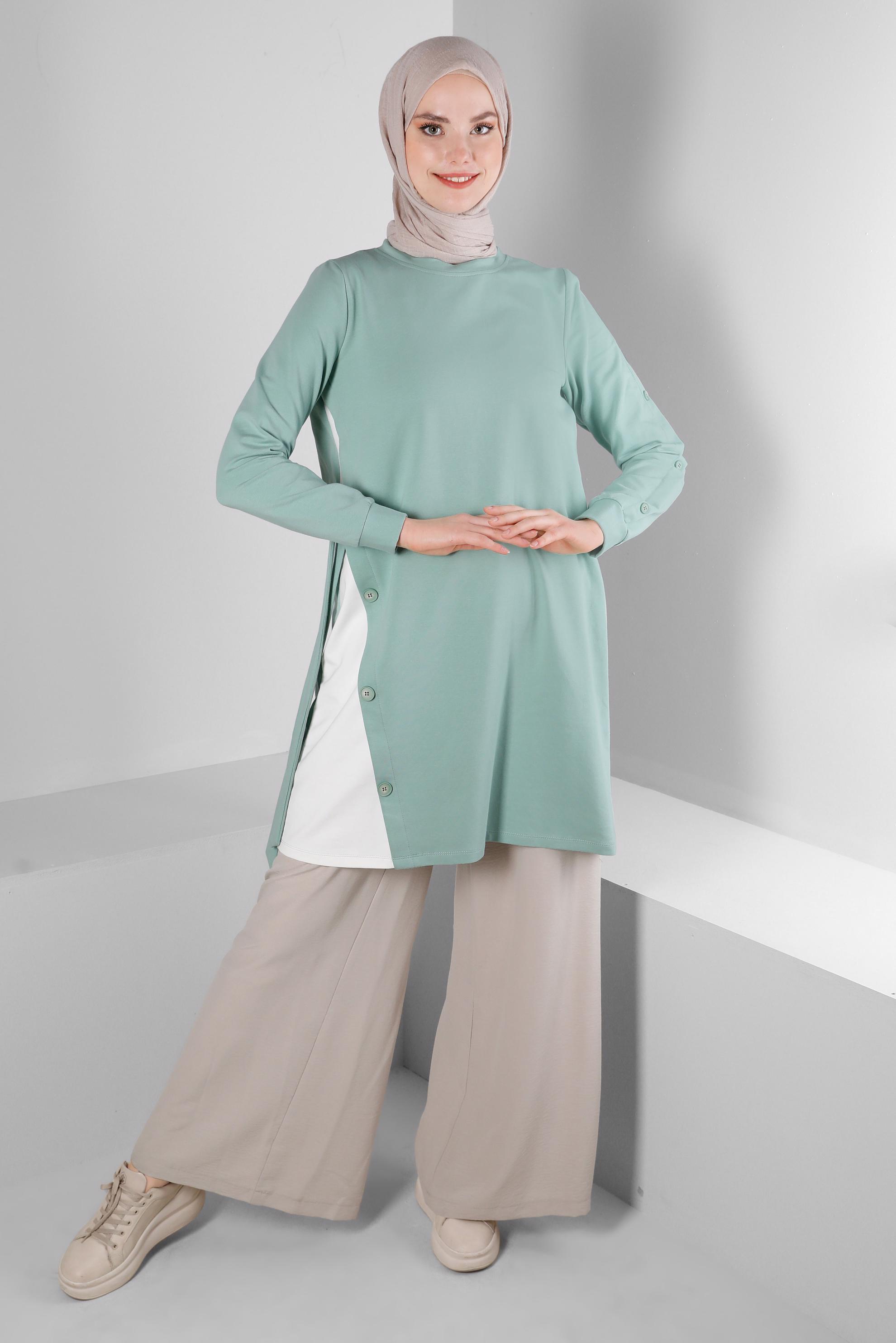 Tesettür giyim YEŞİL YANI BAĞLAMA DETAYLI DÜĞMELİ EŞOFMAN TUNİK 43697