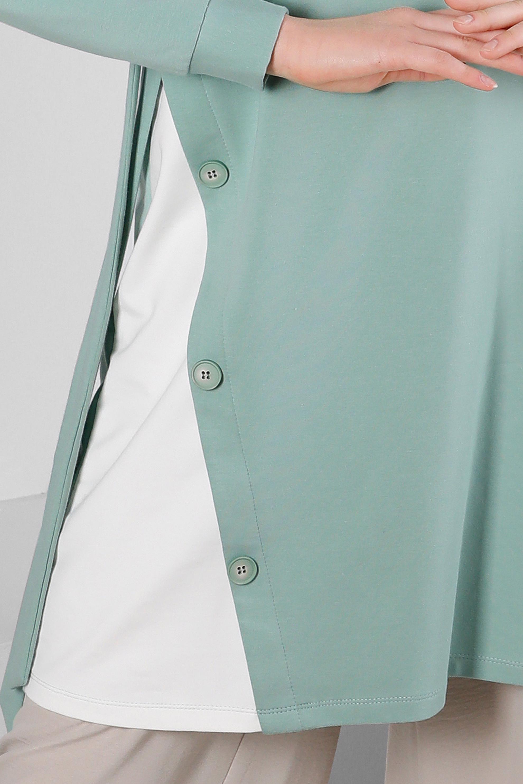 Tesettür giyim YEŞİL YANI BAĞLAMA DETAYLI DÜĞMELİ EŞOFMAN TUNİK 43697