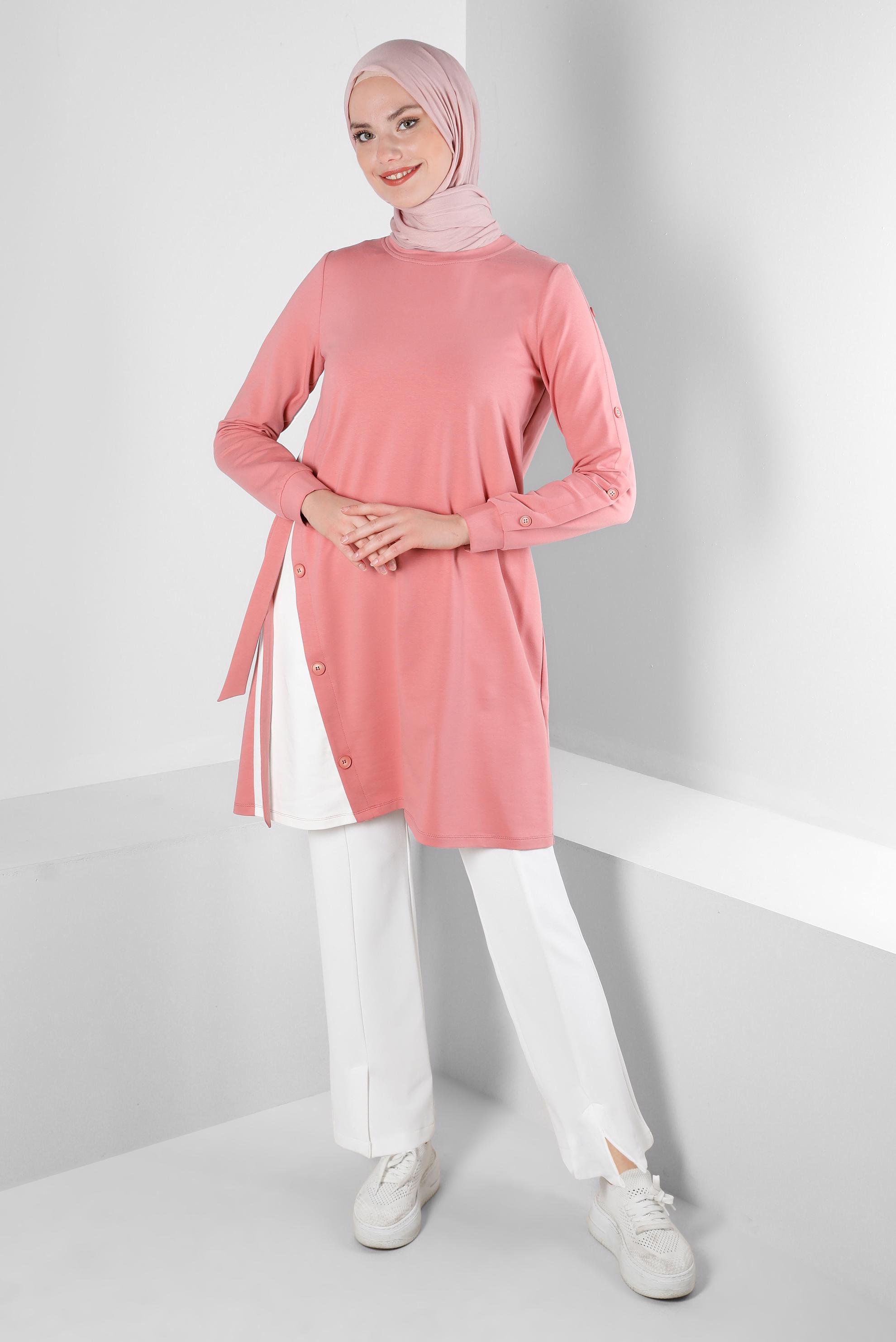 Tesettür giyim PEMBE YANI BAĞLAMA DETAYLI DÜĞMELİ EŞOFMAN TUNİK 43697