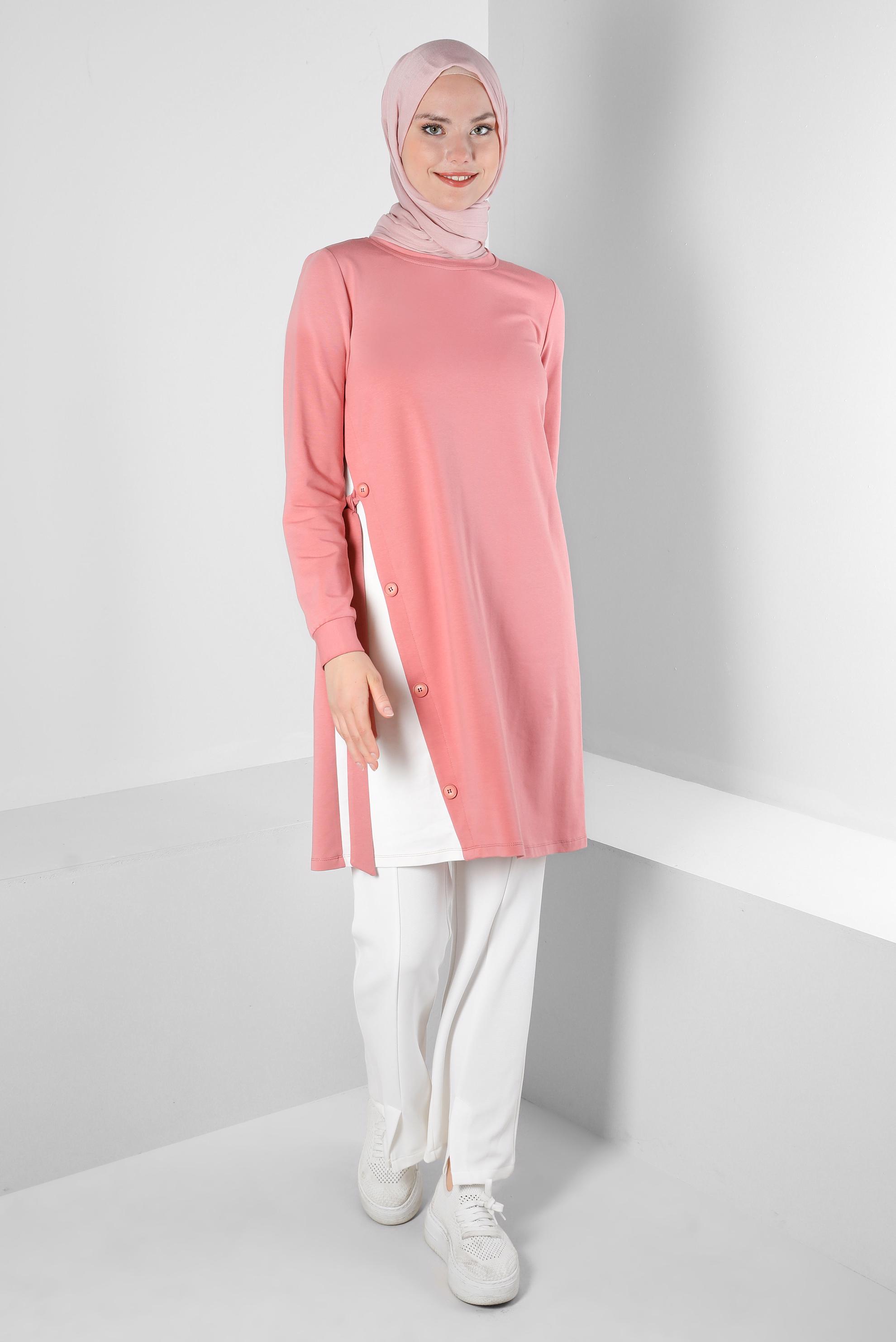 Tesettür giyim PEMBE YANI BAĞLAMA DETAYLI DÜĞMELİ EŞOFMAN TUNİK 43697