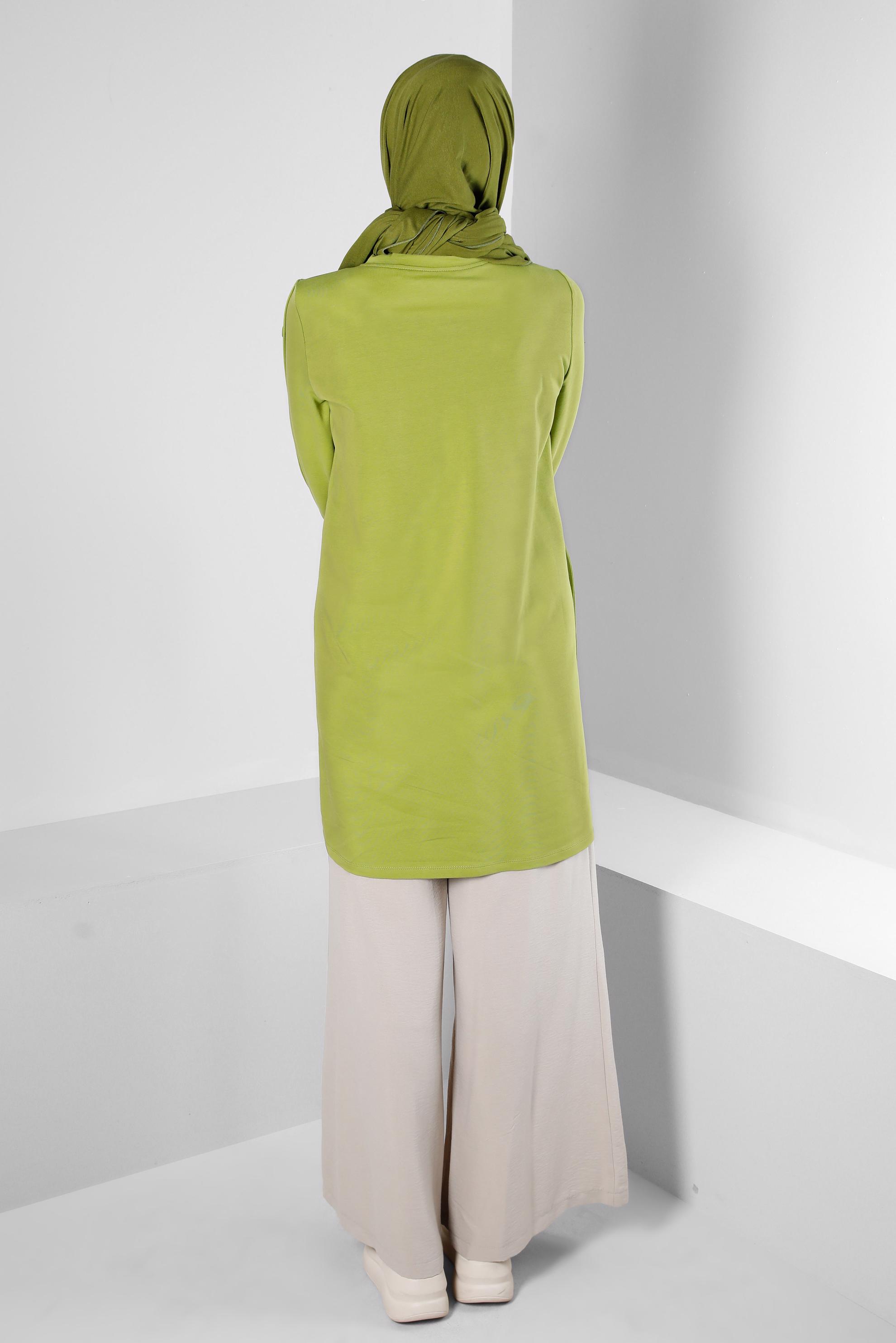 Tesettür giyim YEŞİL YANI BAĞLAMA DETAYLI DÜĞMELİ EŞOFMAN TUNİK 43697