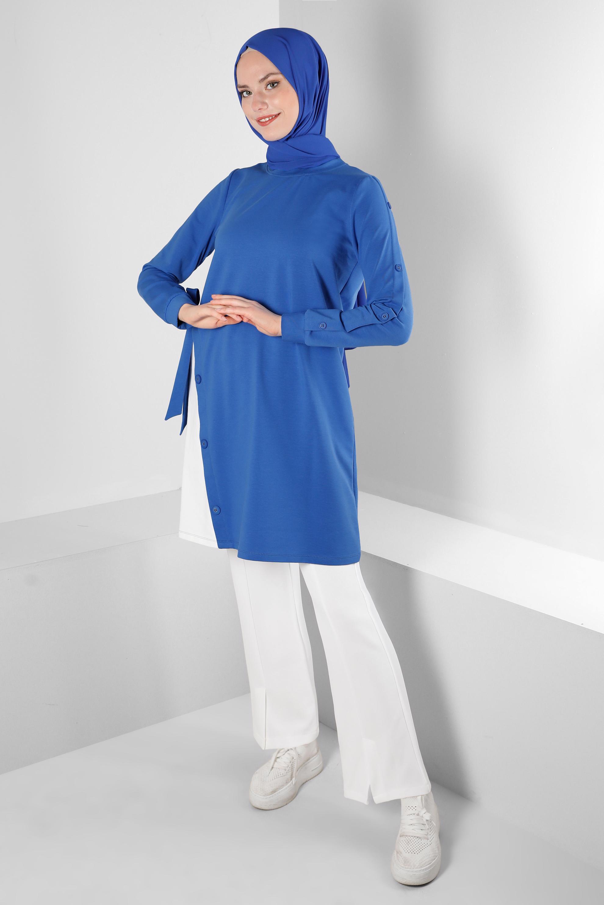 Tesettür giyim MAVİ YANI BAĞLAMA DETAYLI DÜĞMELİ EŞOFMAN TUNİK 43697