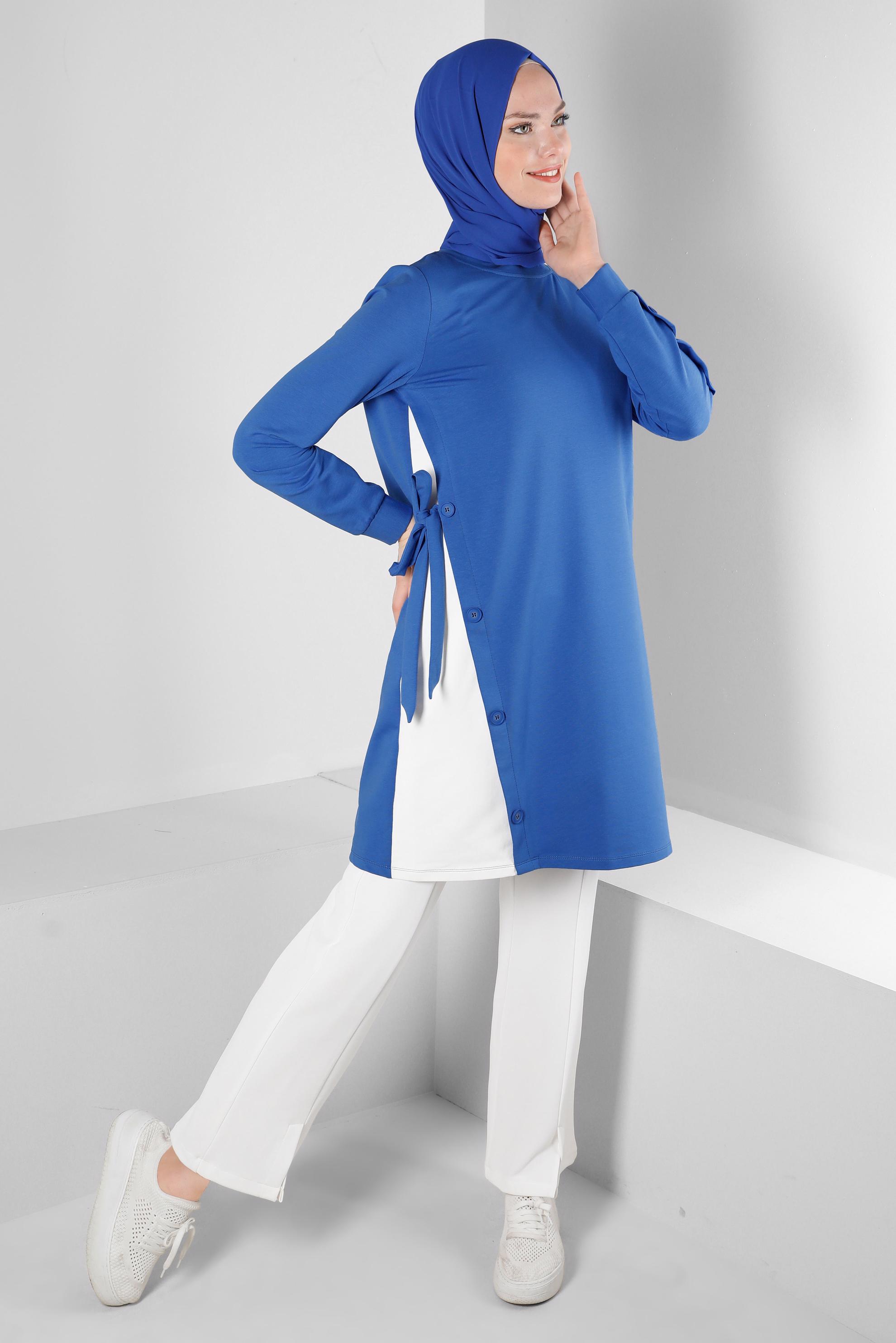 Tesettür giyim MAVİ YANI BAĞLAMA DETAYLI DÜĞMELİ EŞOFMAN TUNİK 43697