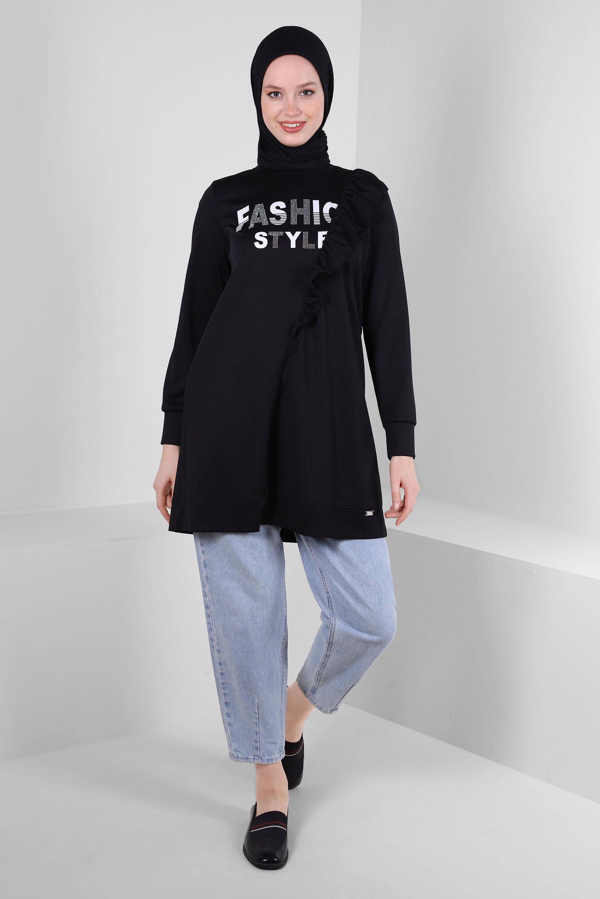 Tesettür giyim SİYAH YAZI BASKILI FIRFIR DETAYLI EŞOFMAN TUNİK 43699