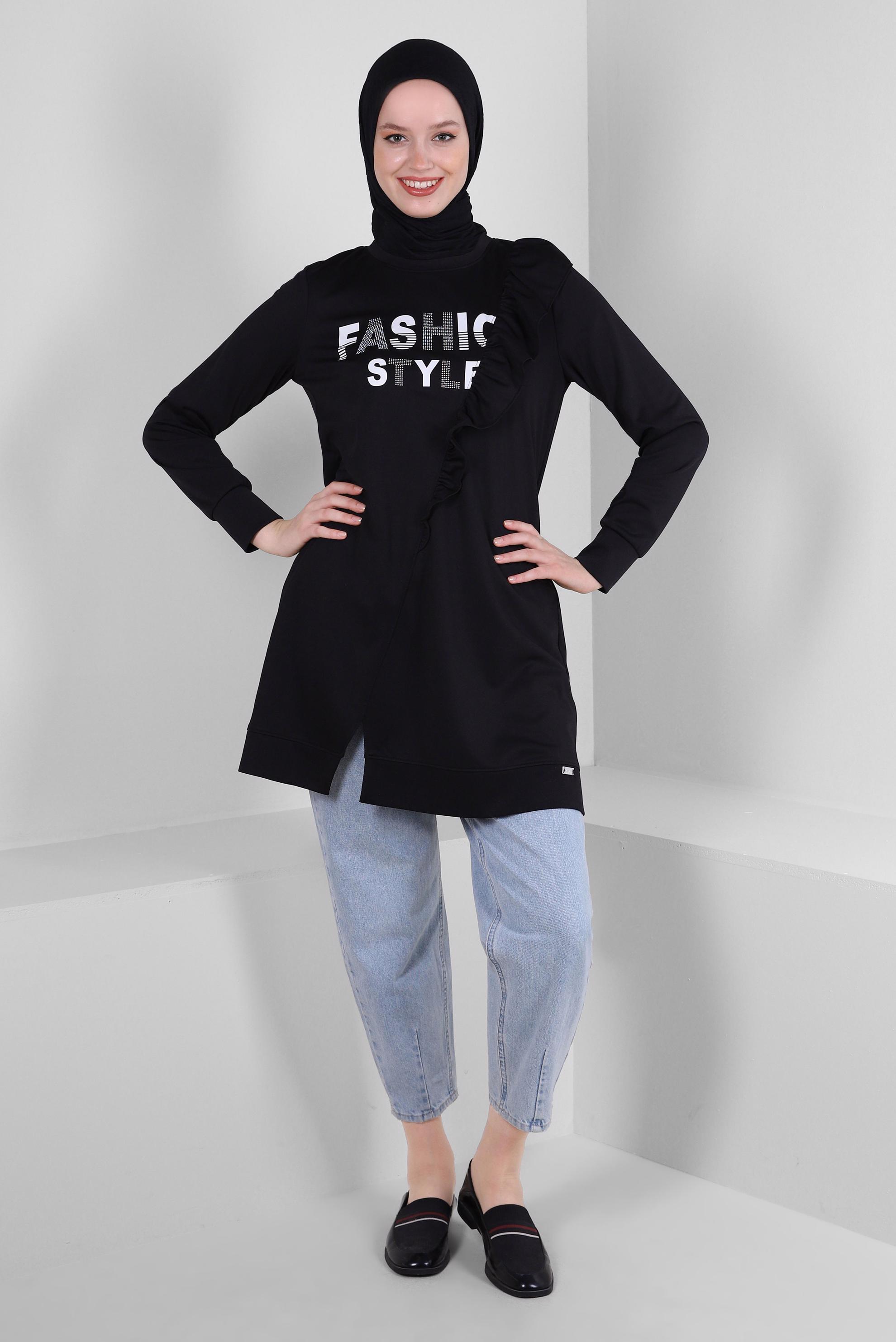 Tesettür giyim SİYAH YAZI BASKILI FIRFIR DETAYLI EŞOFMAN TUNİK 43699