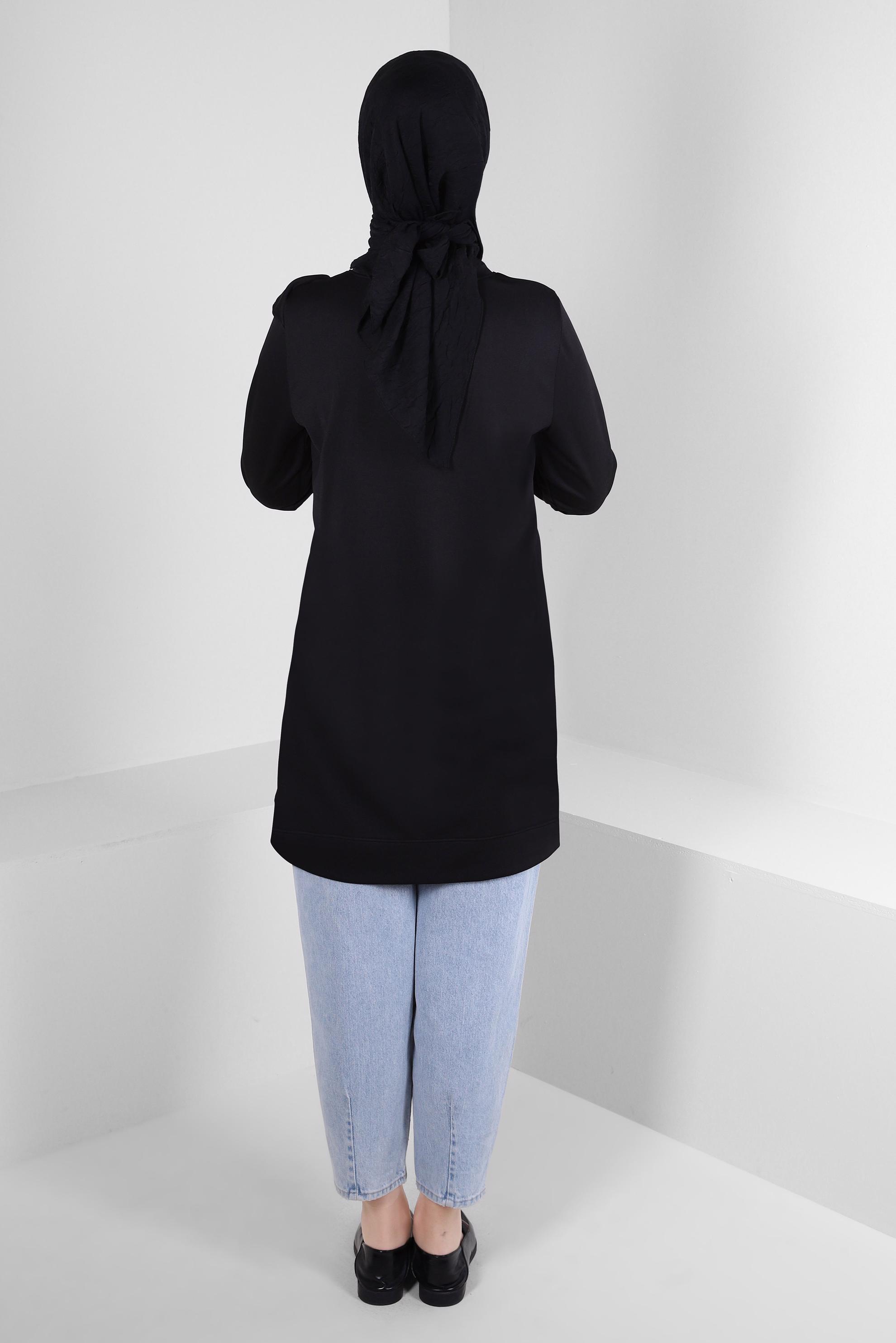 Tesettür giyim SİYAH YAZI BASKILI FIRFIR DETAYLI EŞOFMAN TUNİK 43699