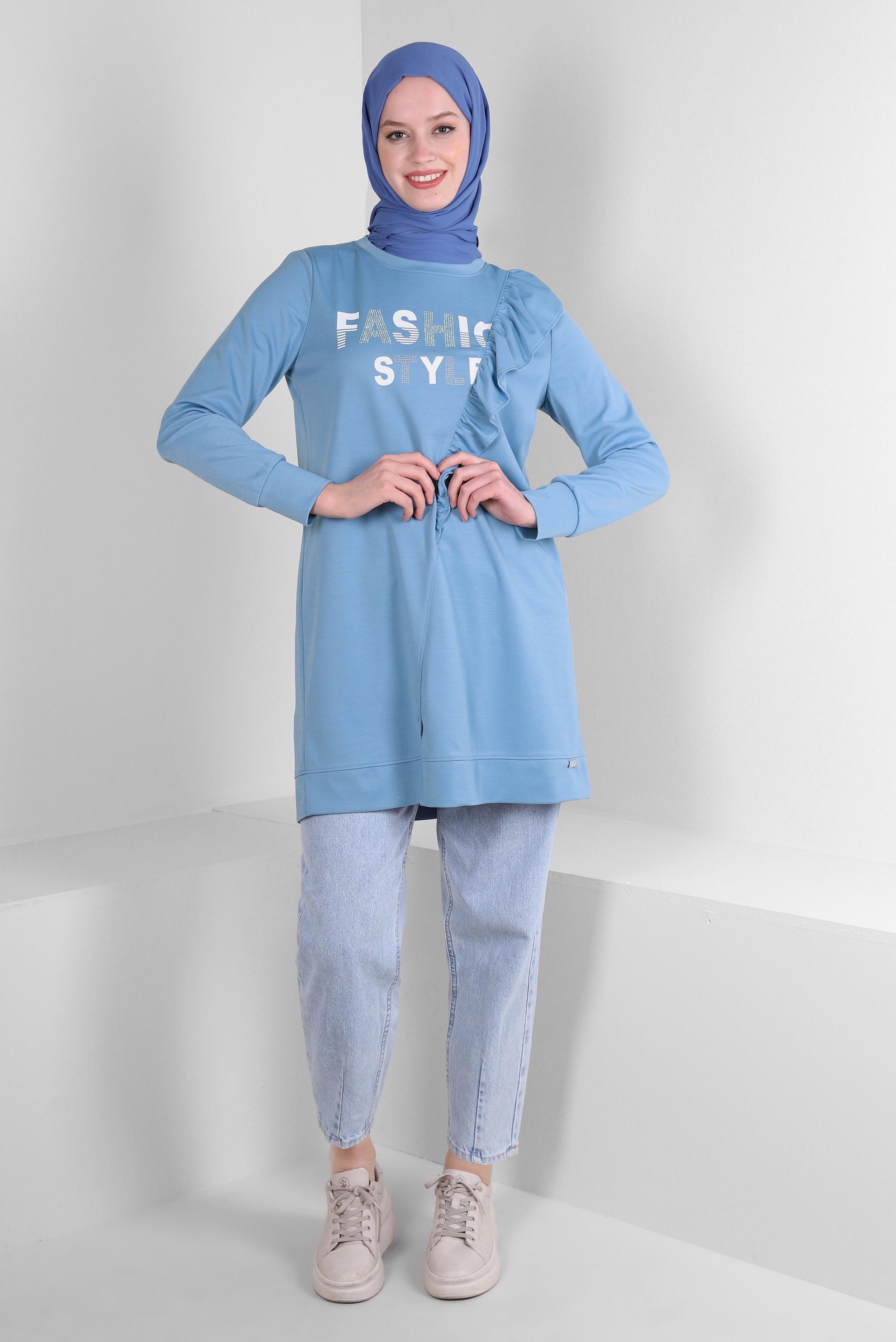 Tesettür giyim MAVİ YAZI BASKILI FIRFIR DETAYLI EŞOFMAN TUNİK 43699