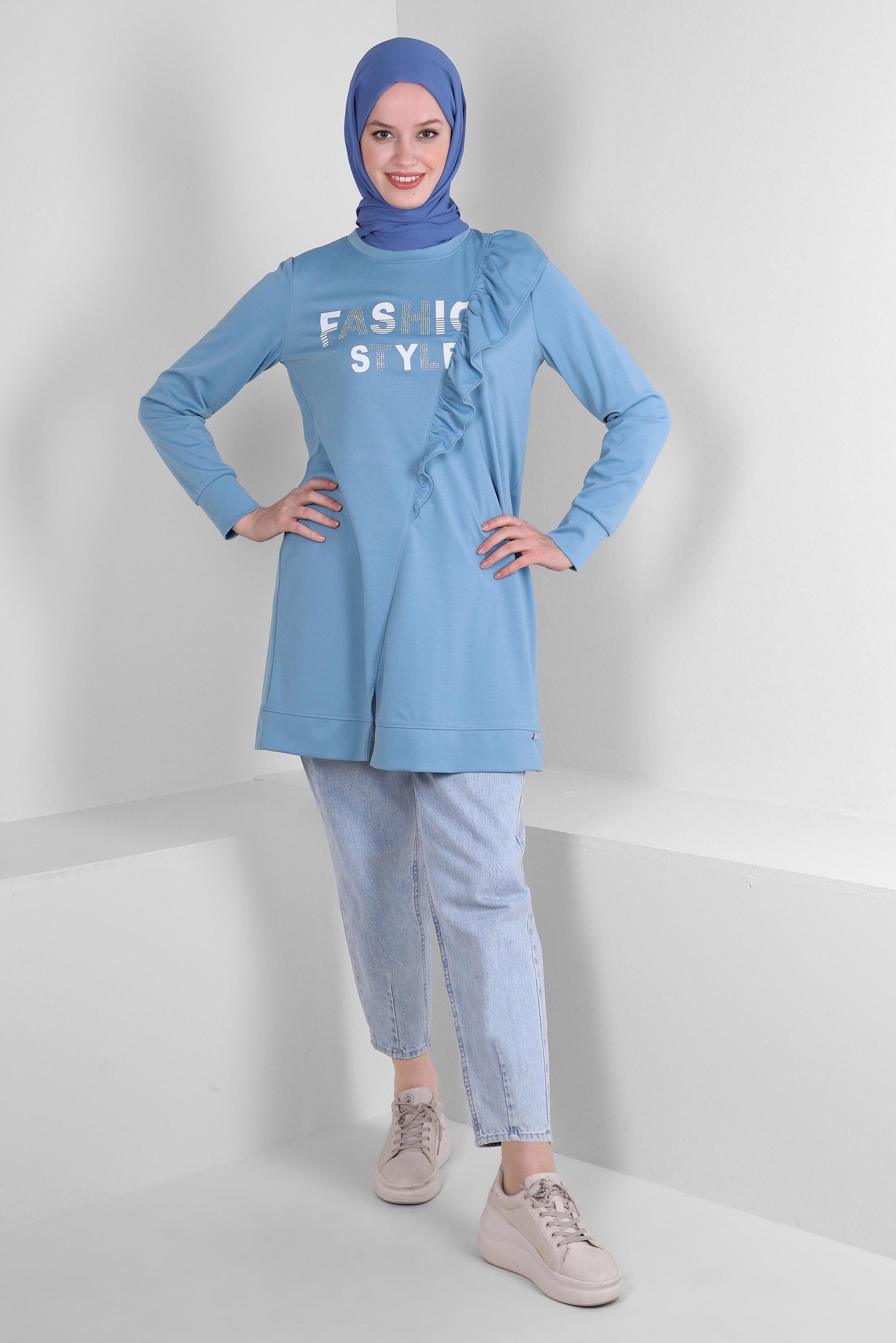 Tesettür giyim MAVİ YAZI BASKILI FIRFIR DETAYLI EŞOFMAN TUNİK 43699