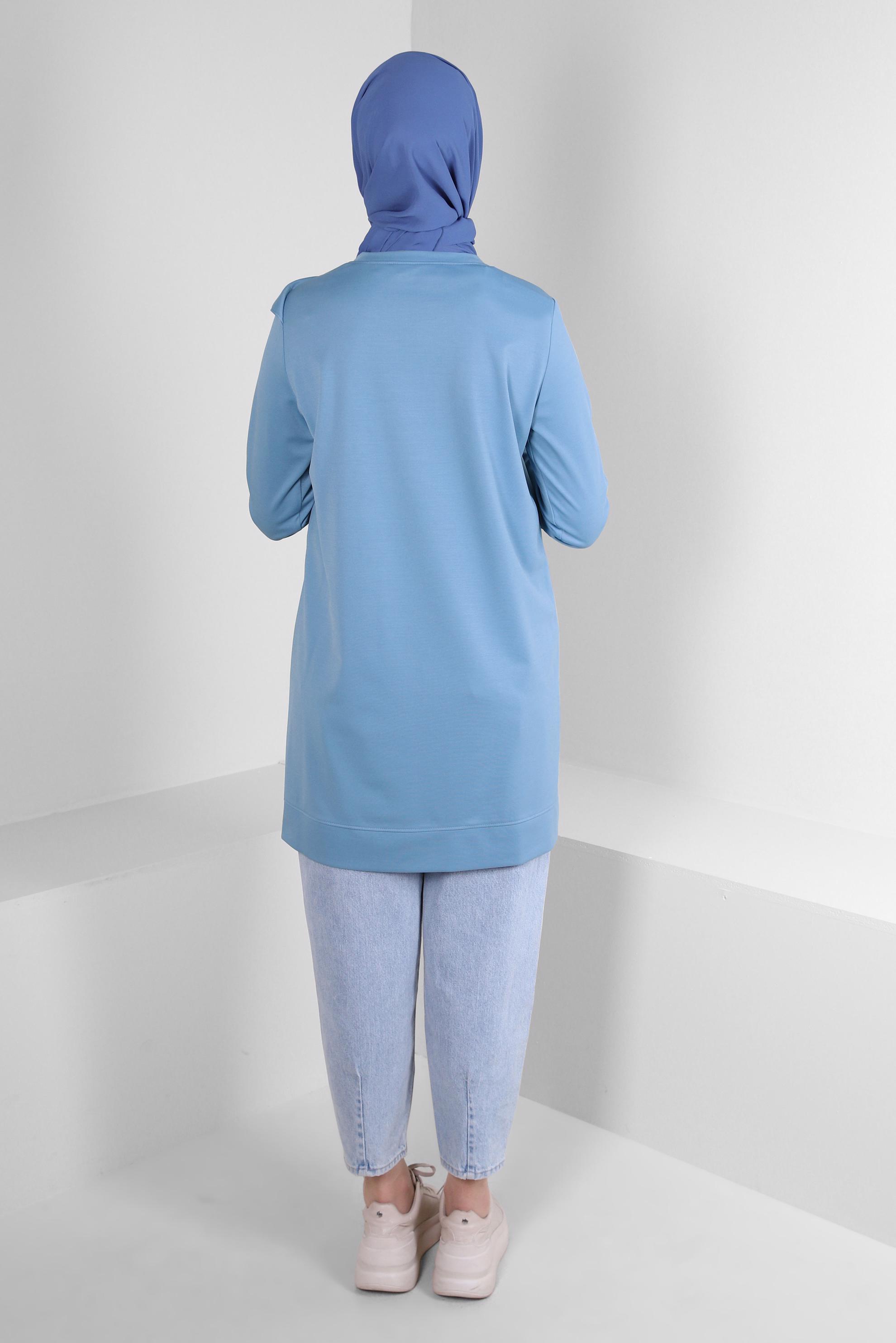 Tesettür giyim MAVİ YAZI BASKILI FIRFIR DETAYLI EŞOFMAN TUNİK 43699