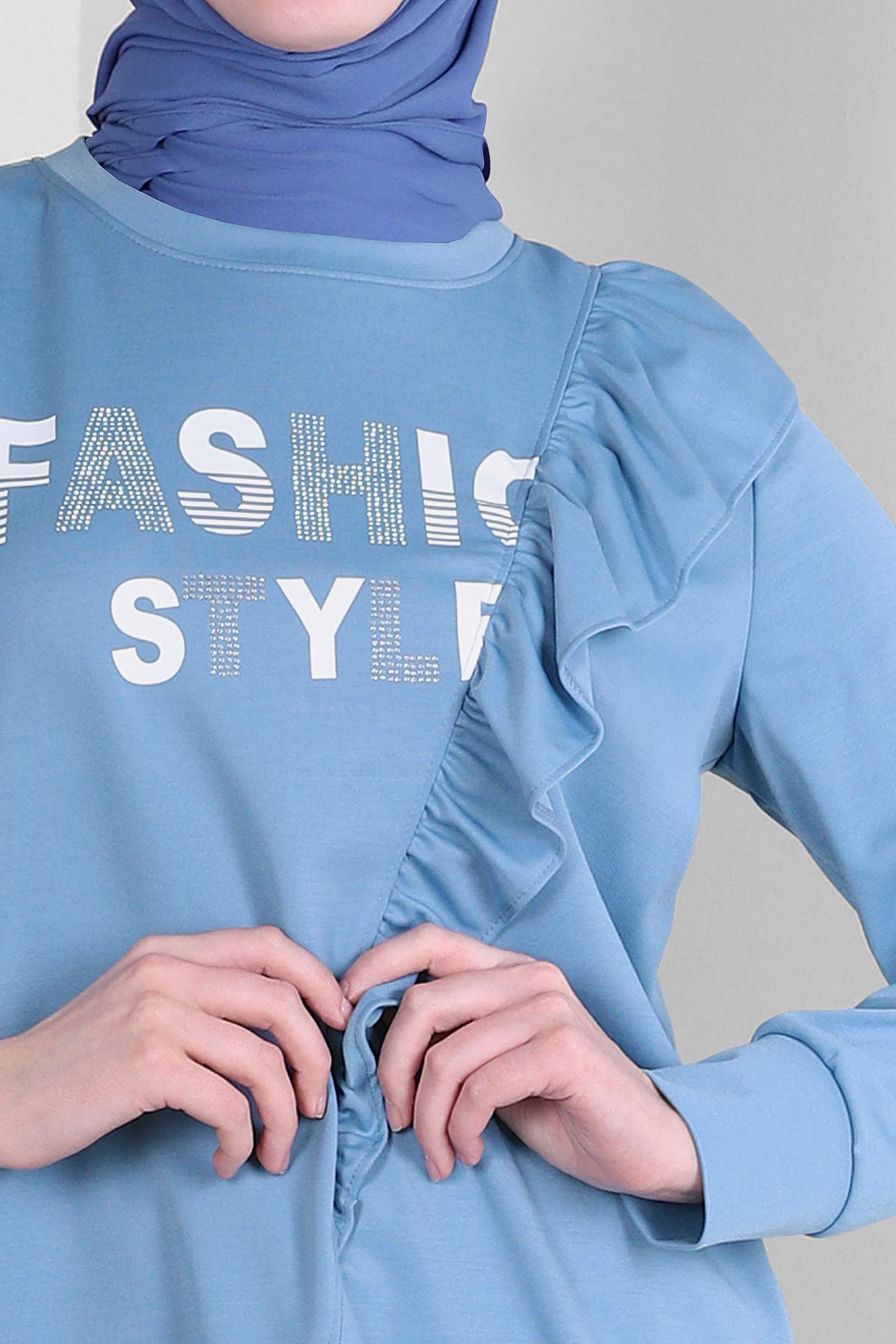 Tesettür giyim MAVİ YAZI BASKILI FIRFIR DETAYLI EŞOFMAN TUNİK 43699