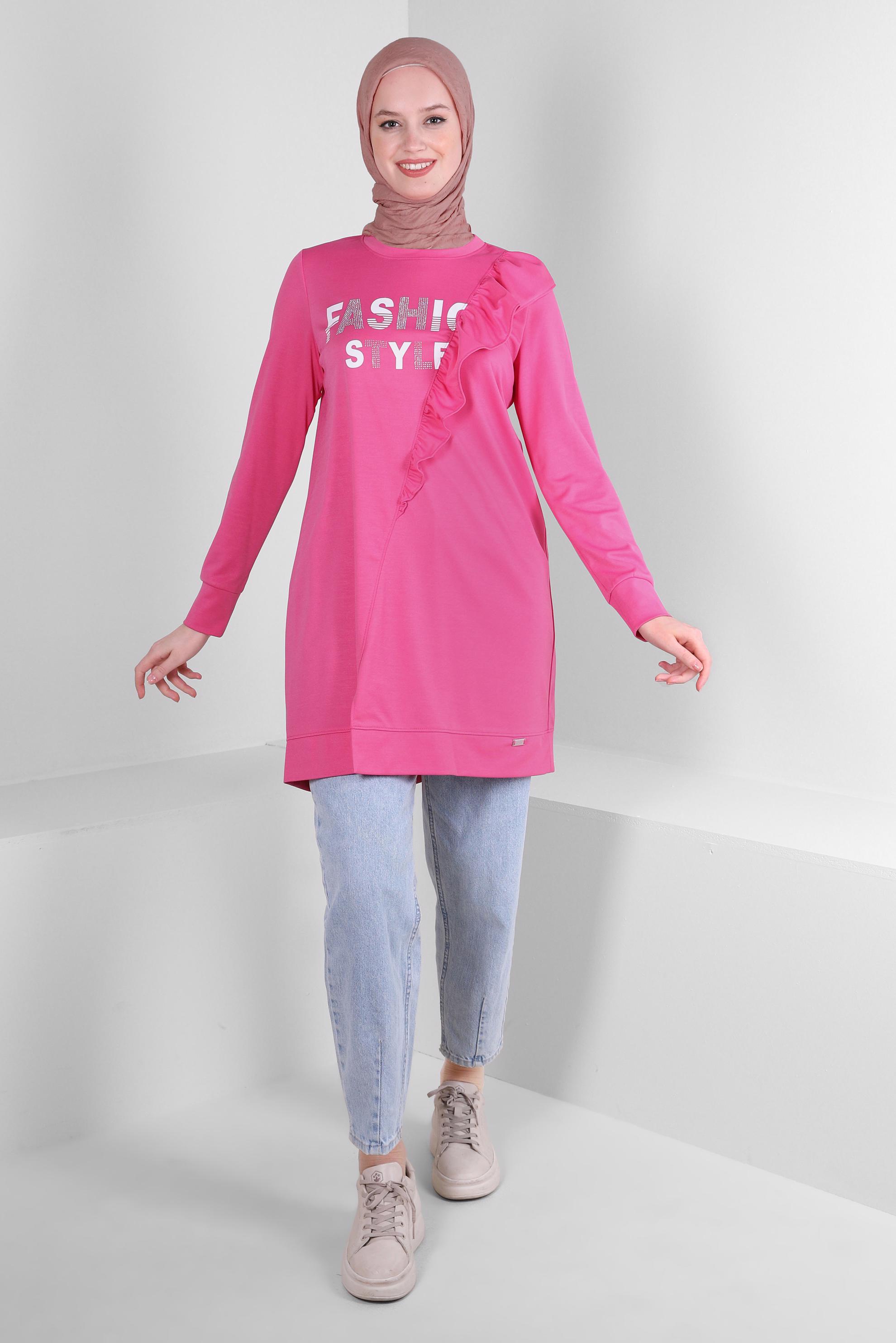 Tesettür giyim FUŞYA YAZI BASKILI FIRFIR DETAYLI EŞOFMAN TUNİK 43699