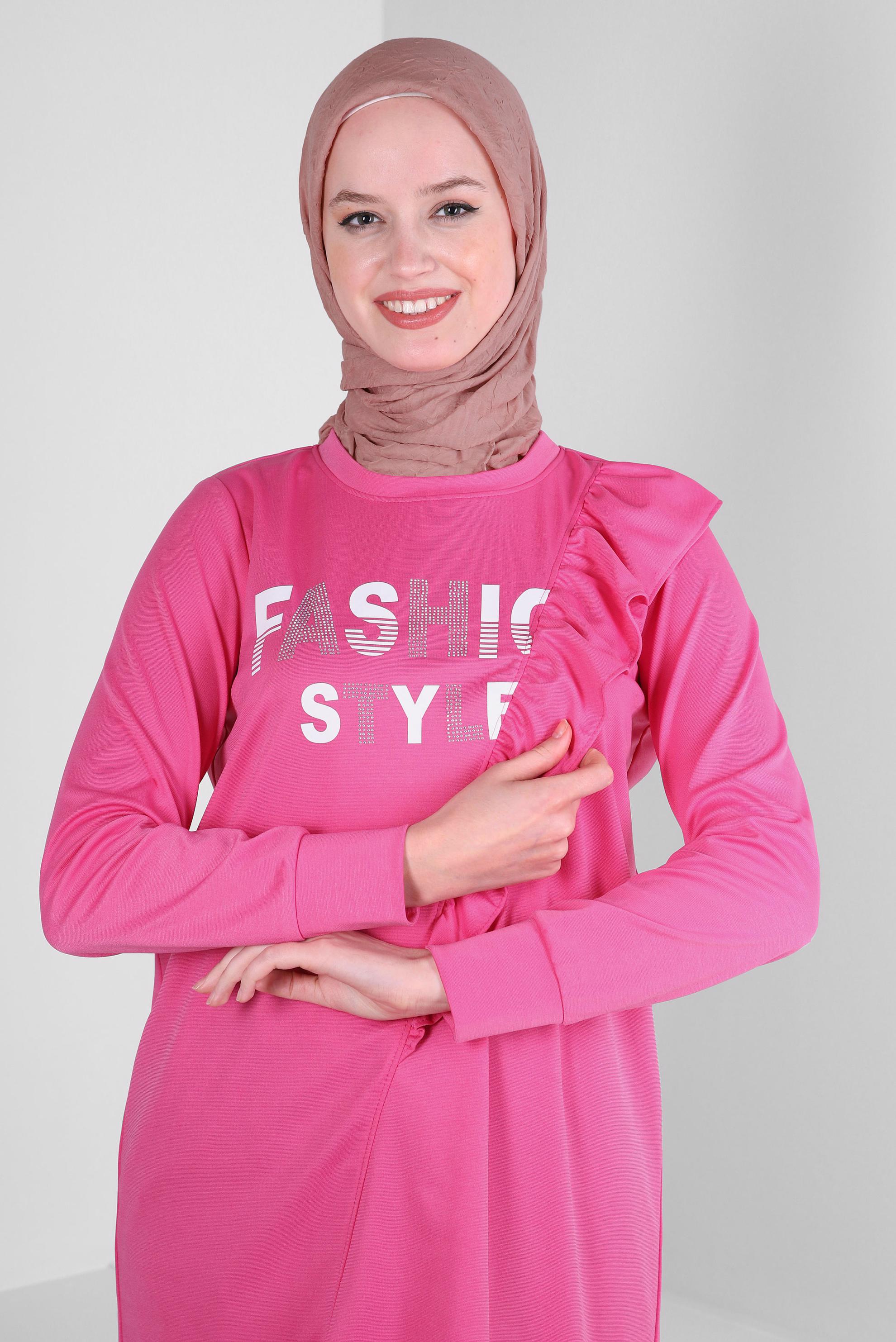 Tesettür giyim FUŞYA YAZI BASKILI FIRFIR DETAYLI EŞOFMAN TUNİK 43699