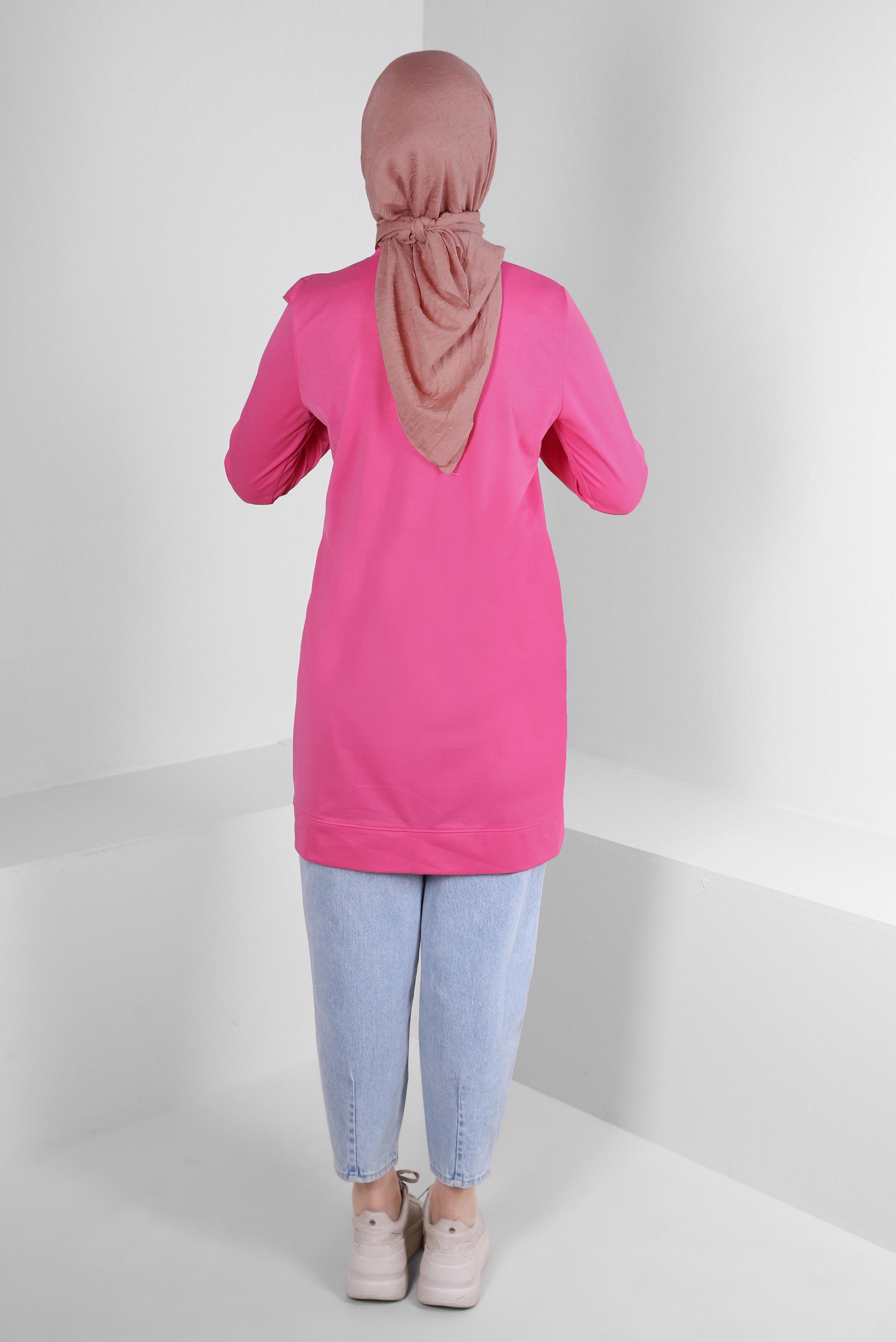 Tesettür giyim FUŞYA YAZI BASKILI FIRFIR DETAYLI EŞOFMAN TUNİK 43699