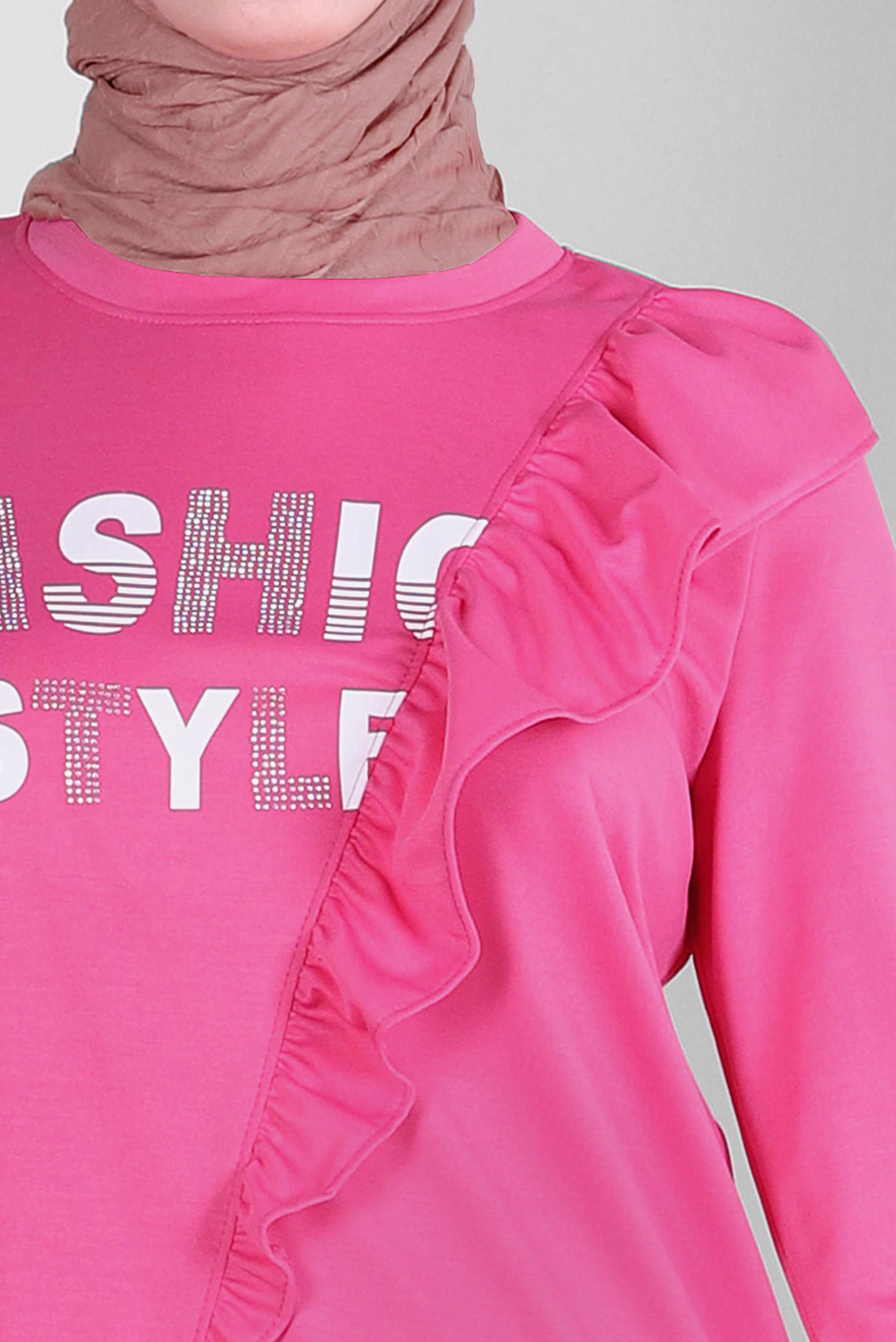 Tesettür giyim FUŞYA YAZI BASKILI FIRFIR DETAYLI EŞOFMAN TUNİK 43699