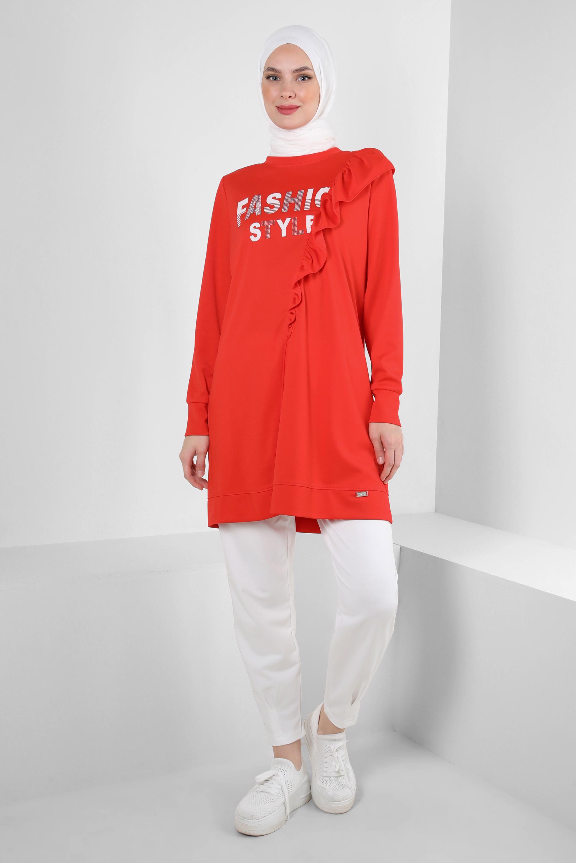 Tesettür giyim KIRMIZI YAZI BASKILI FIRFIR DETAYLI EŞOFMAN TUNİK 43699