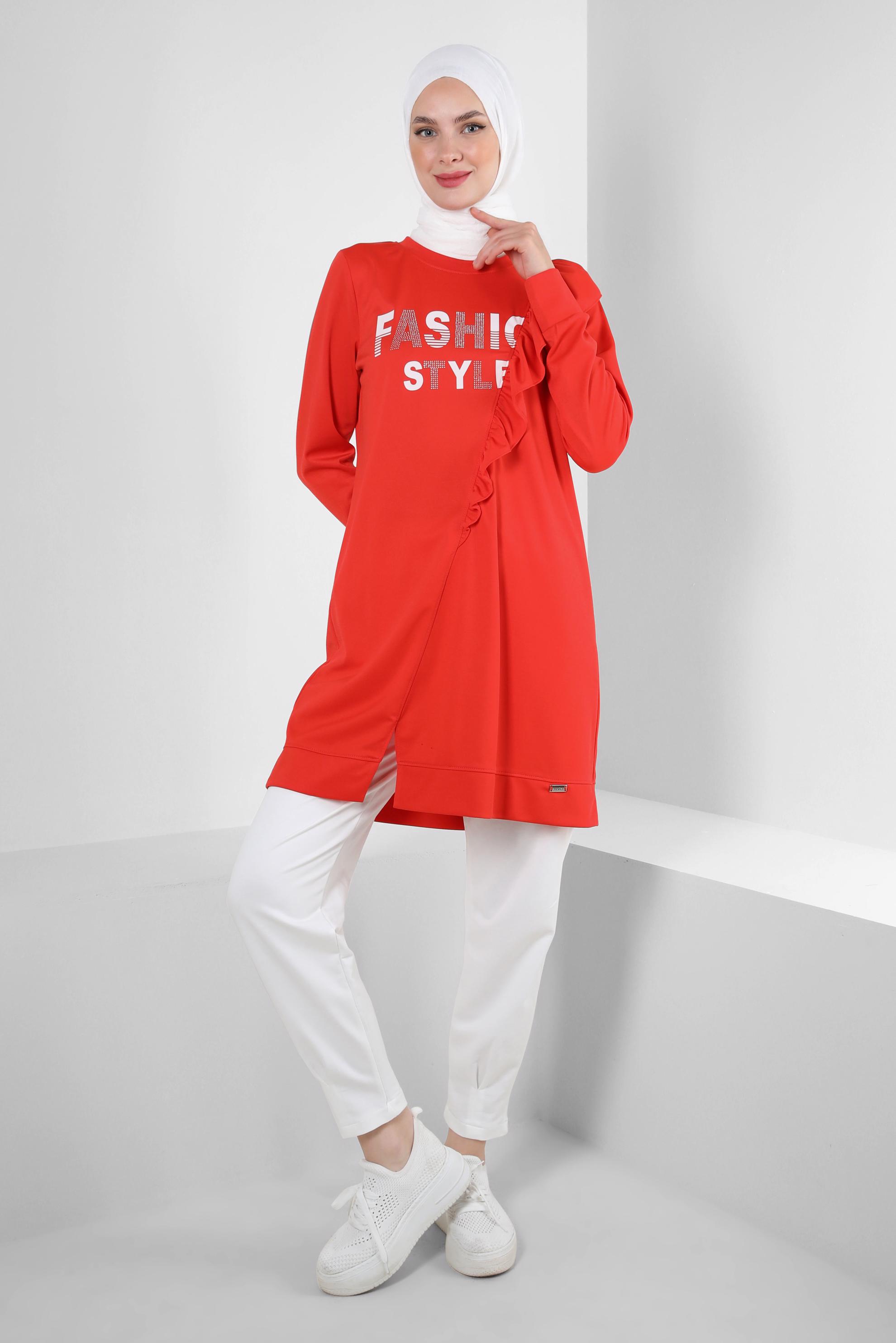 Tesettür giyim KIRMIZI YAZI BASKILI FIRFIR DETAYLI EŞOFMAN TUNİK 43699