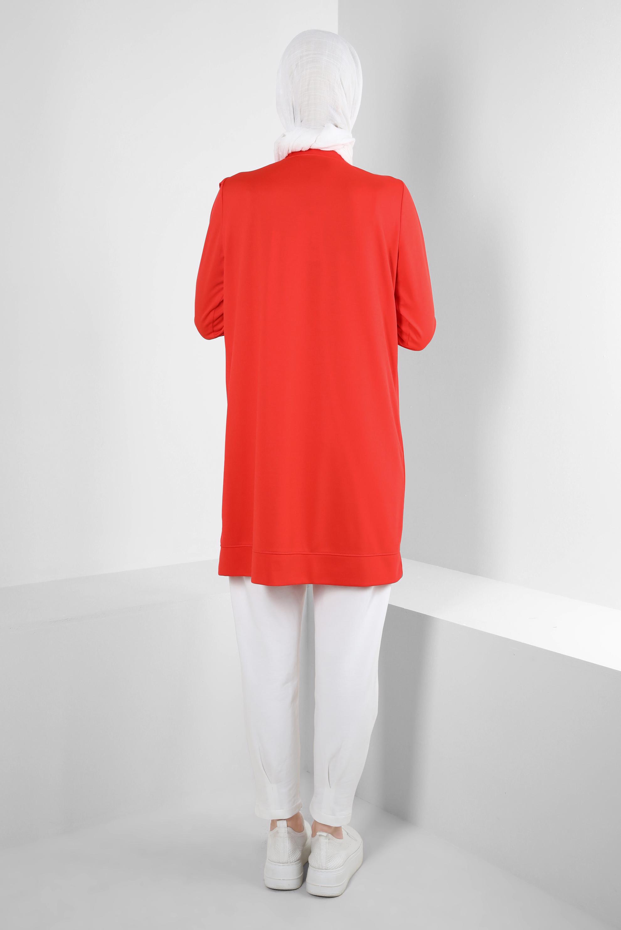 Tesettür giyim KIRMIZI YAZI BASKILI FIRFIR DETAYLI EŞOFMAN TUNİK 43699