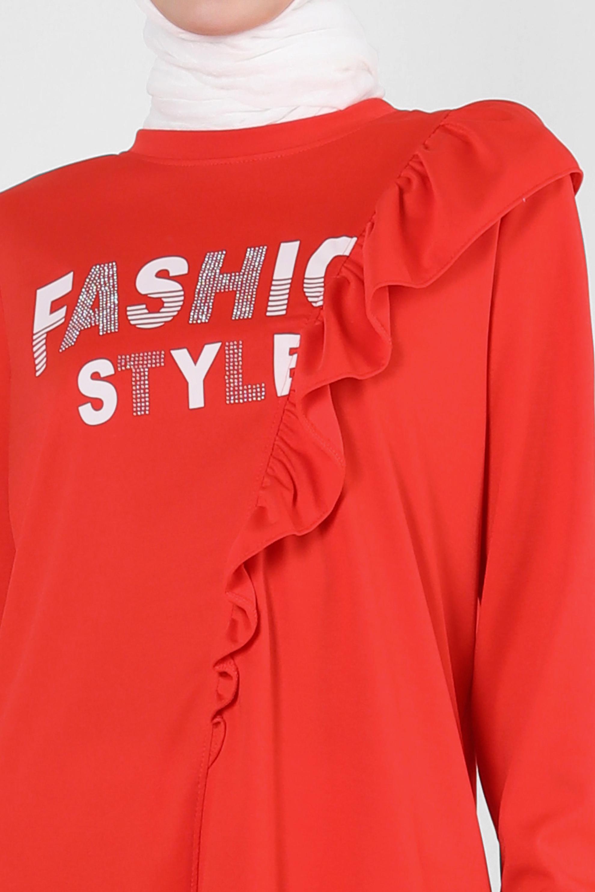 Tesettür giyim KIRMIZI YAZI BASKILI FIRFIR DETAYLI EŞOFMAN TUNİK 43699