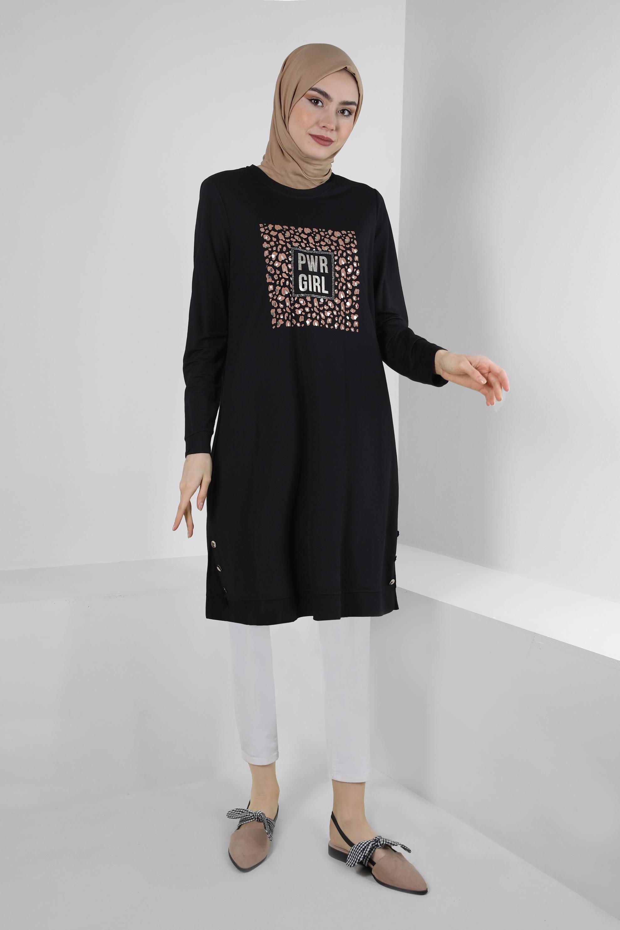 Tesettür giyim SİYAH LEOPAR DESENLİ YAZI BASKILI EŞOFMAN TUNİK 43700