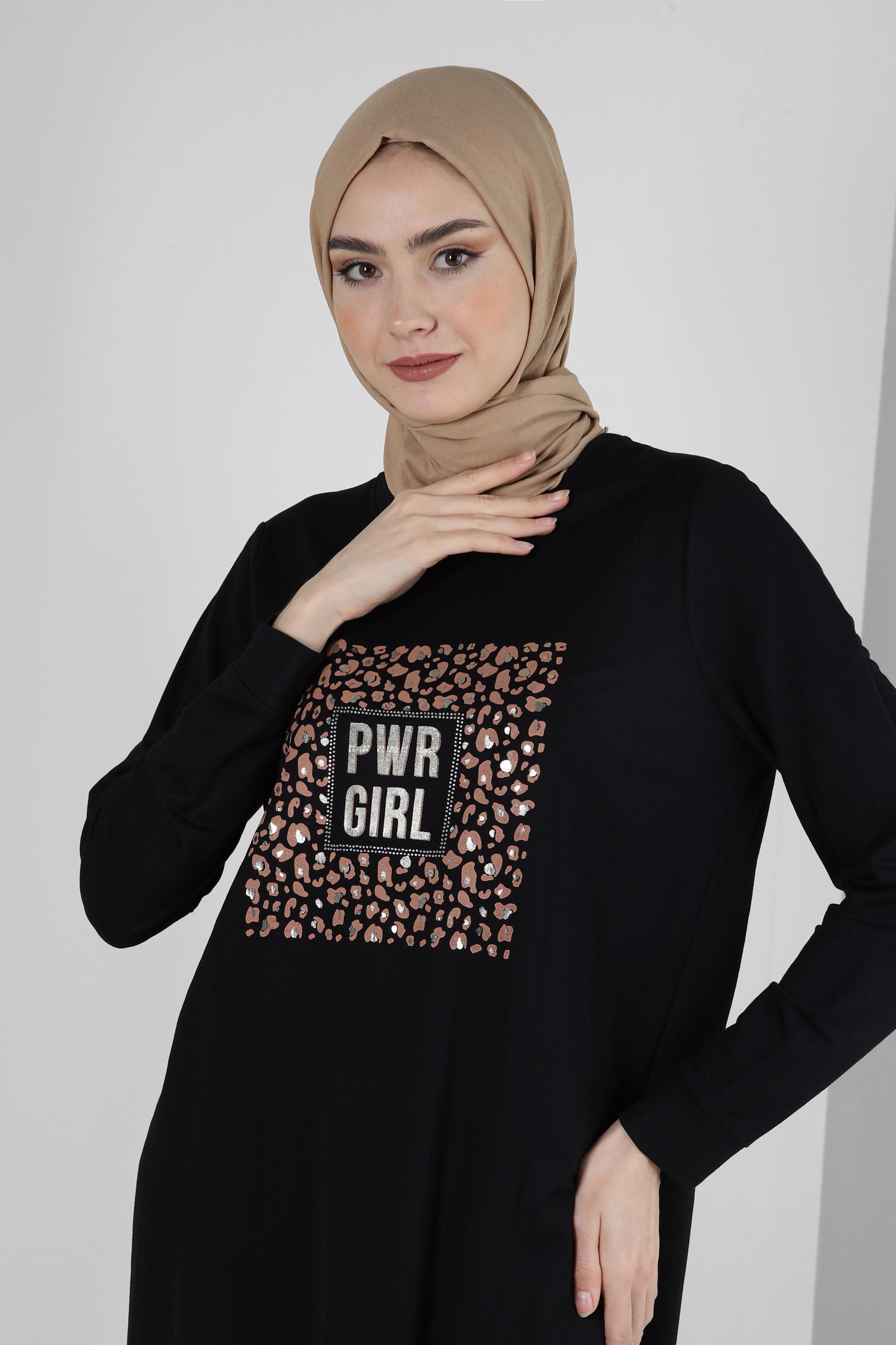 Tesettür giyim SİYAH LEOPAR DESENLİ YAZI BASKILI EŞOFMAN TUNİK 43700