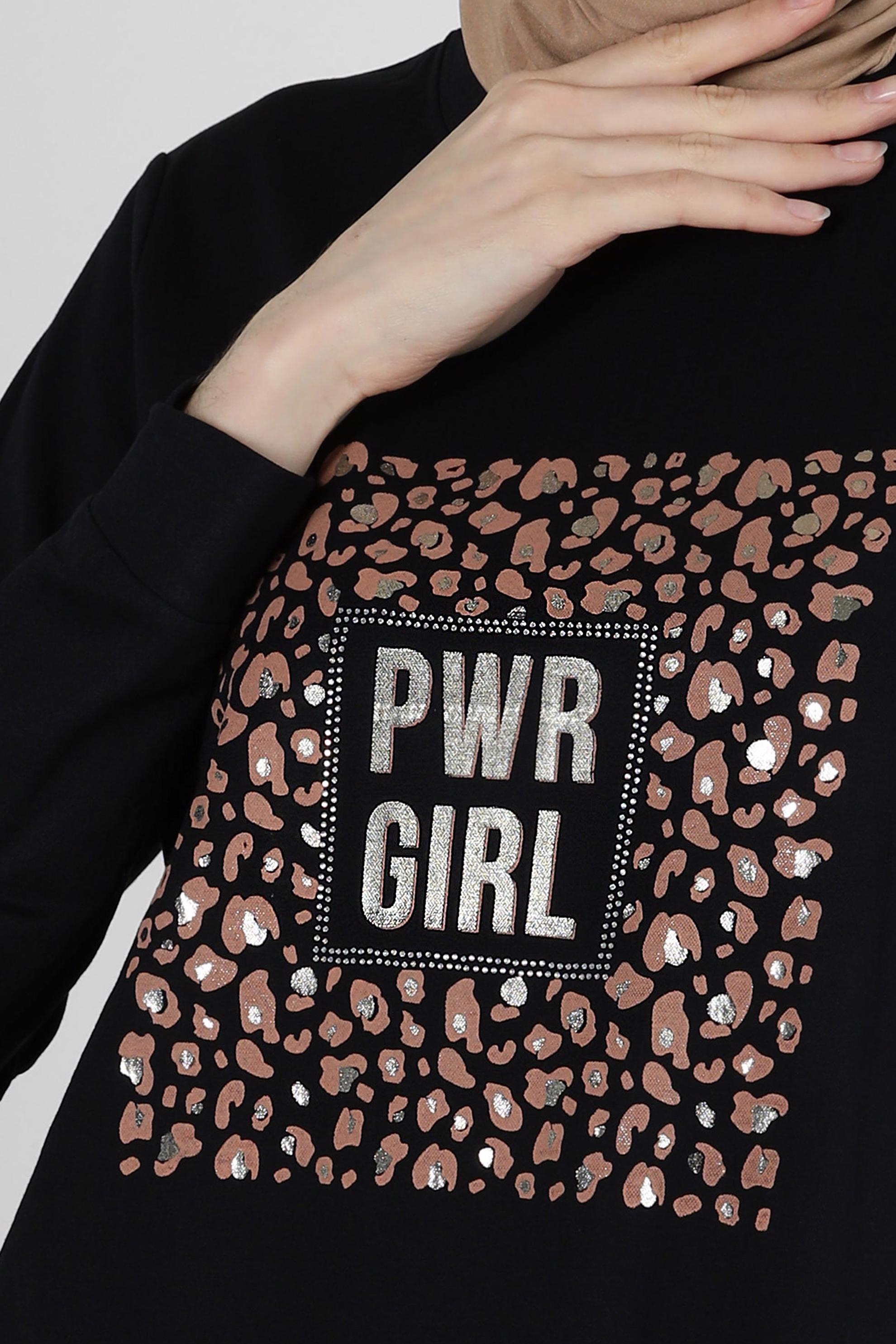 Tesettür giyim SİYAH LEOPAR DESENLİ YAZI BASKILI EŞOFMAN TUNİK 43700