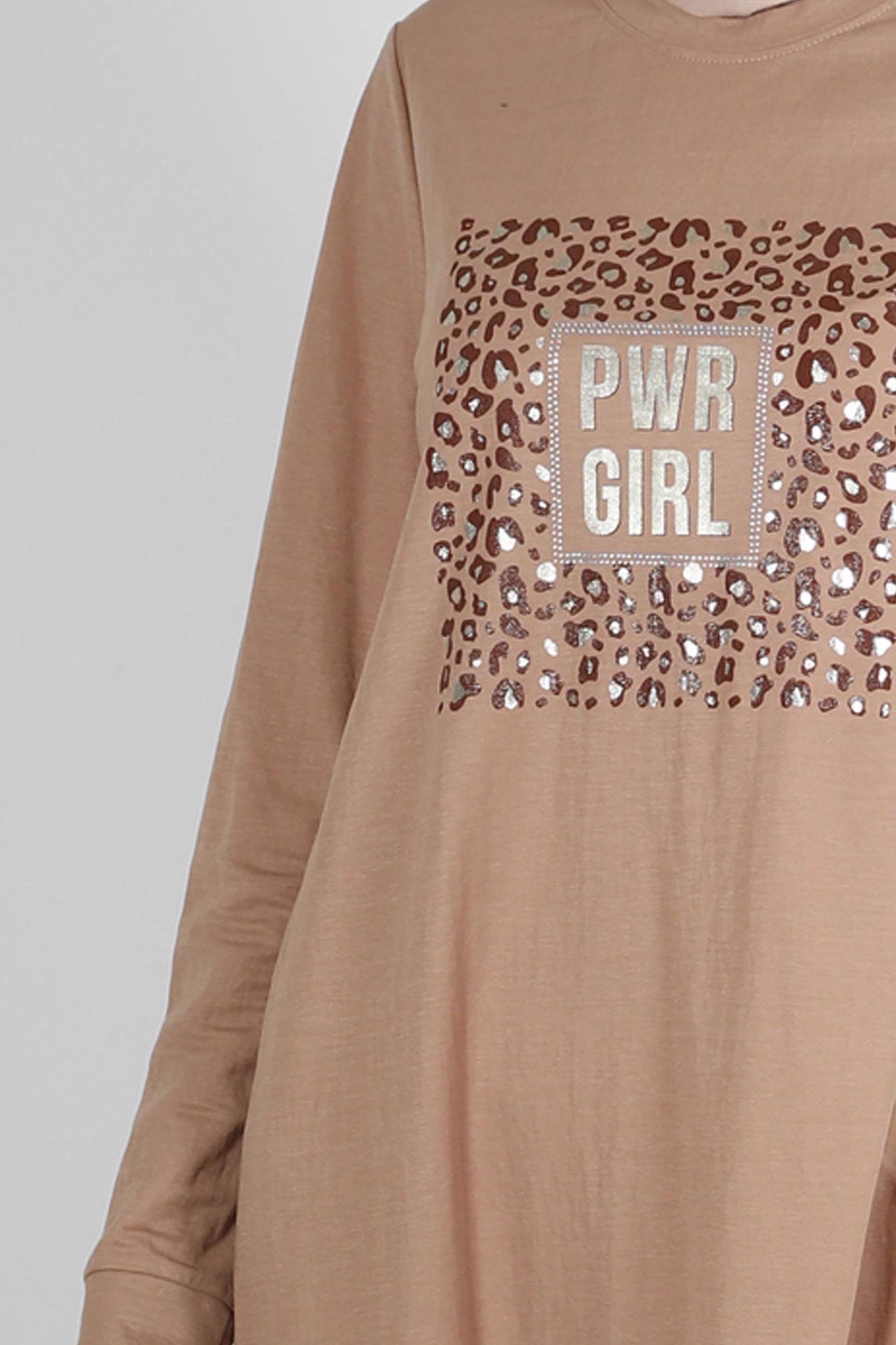 Tesettür giyim KAHVE LEOPAR DESENLİ YAZI BASKILI EŞOFMAN TUNİK 43700