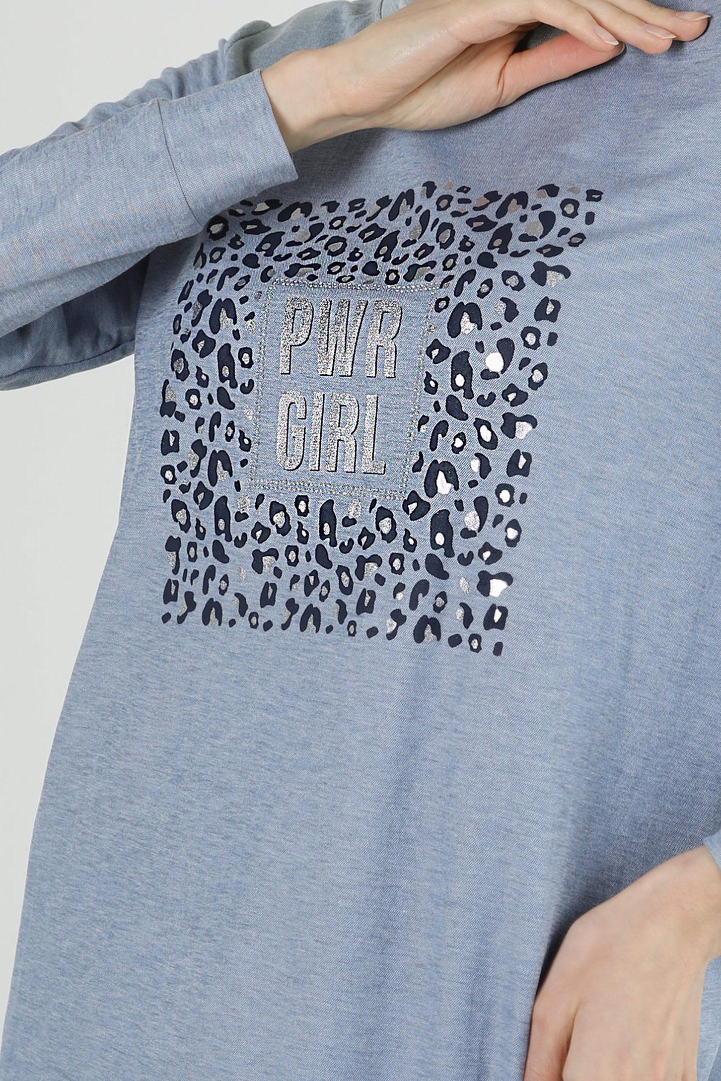 Tesettür giyim MAVİ LEOPAR DESENLİ YAZI BASKILI EŞOFMAN TUNİK 43700