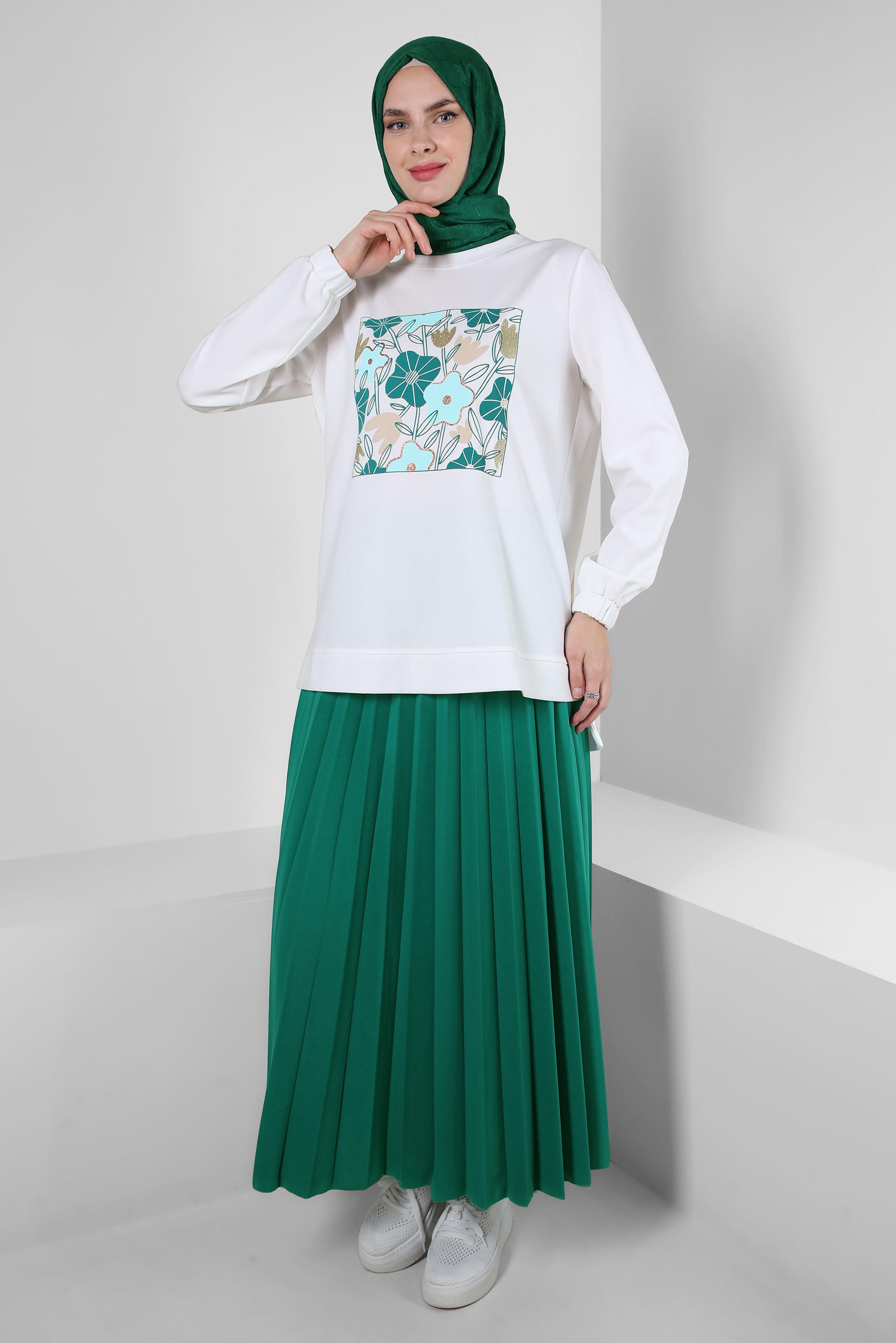 Vêtements hijab BLEU ENSEMBLE SURVÊTEMENT PLISSÉ IMPRIMÉ AVEC JUPE 43723