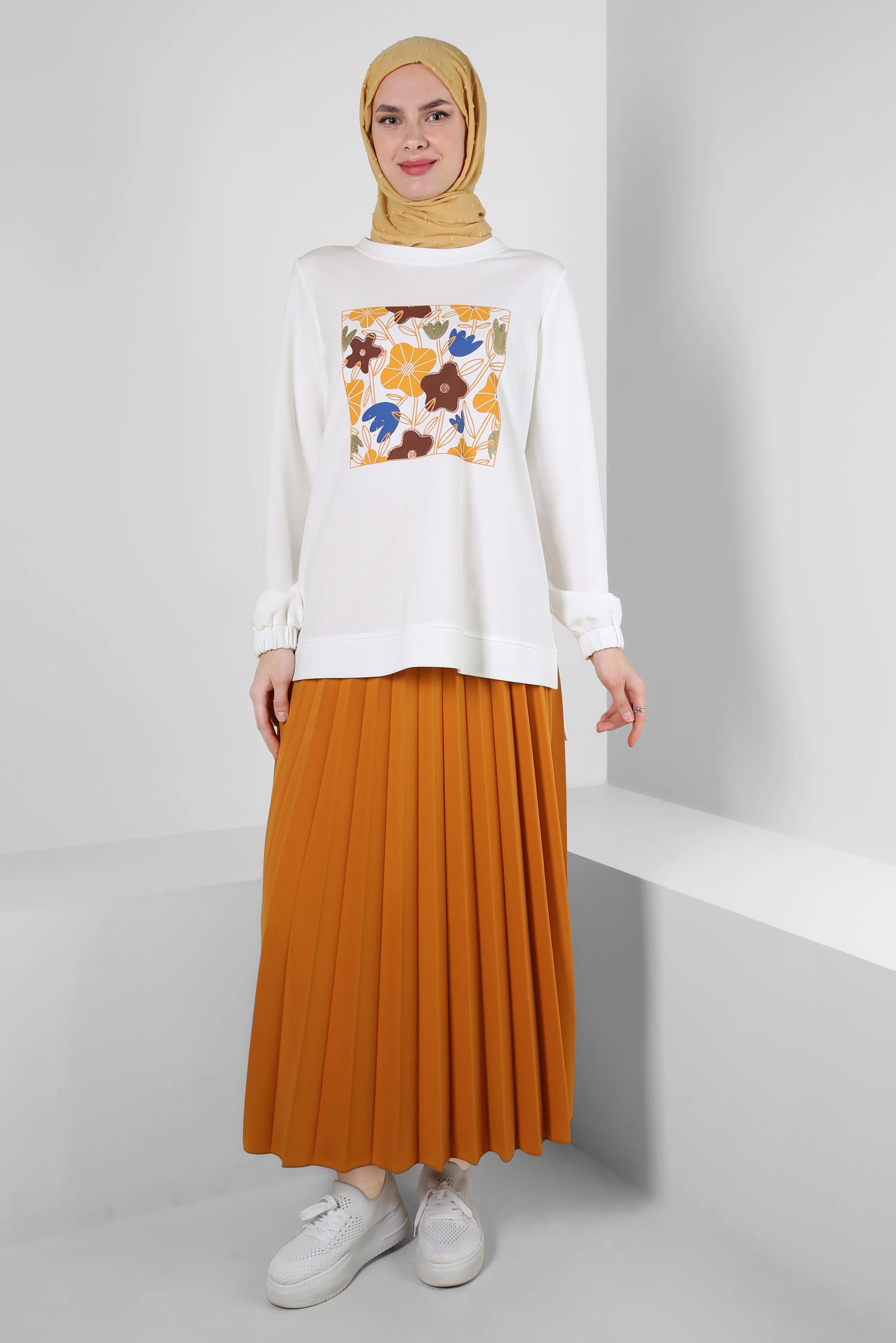 Vêtements hijab JAUNE ENSEMBLE SURVÊTEMENT PLISSÉ IMPRIMÉ AVEC JUPE 43723