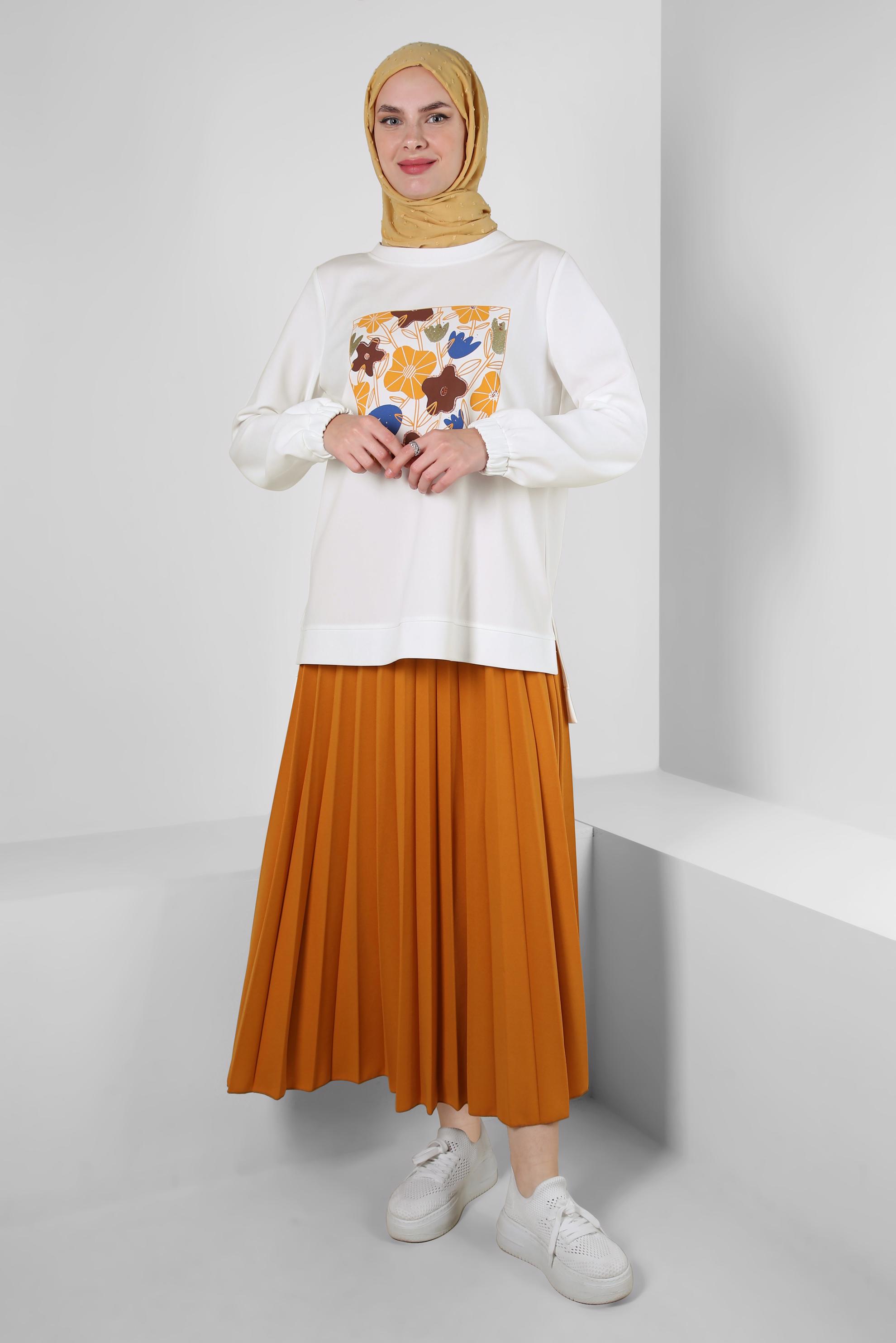 Vêtements hijab JAUNE ENSEMBLE SURVÊTEMENT PLISSÉ IMPRIMÉ AVEC JUPE 43723