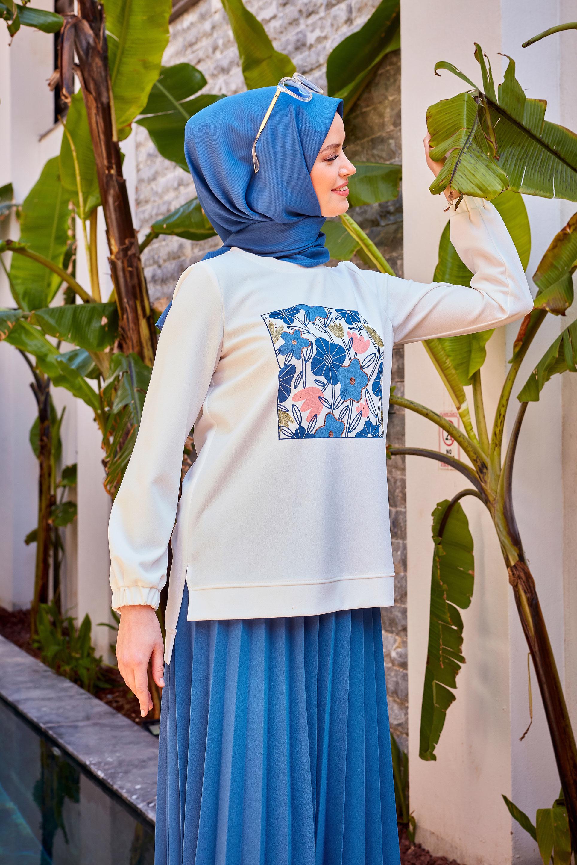 Vêtements hijab BLEU ENSEMBLE SURVÊTEMENT PLISSÉ IMPRIMÉ AVEC JUPE 43723