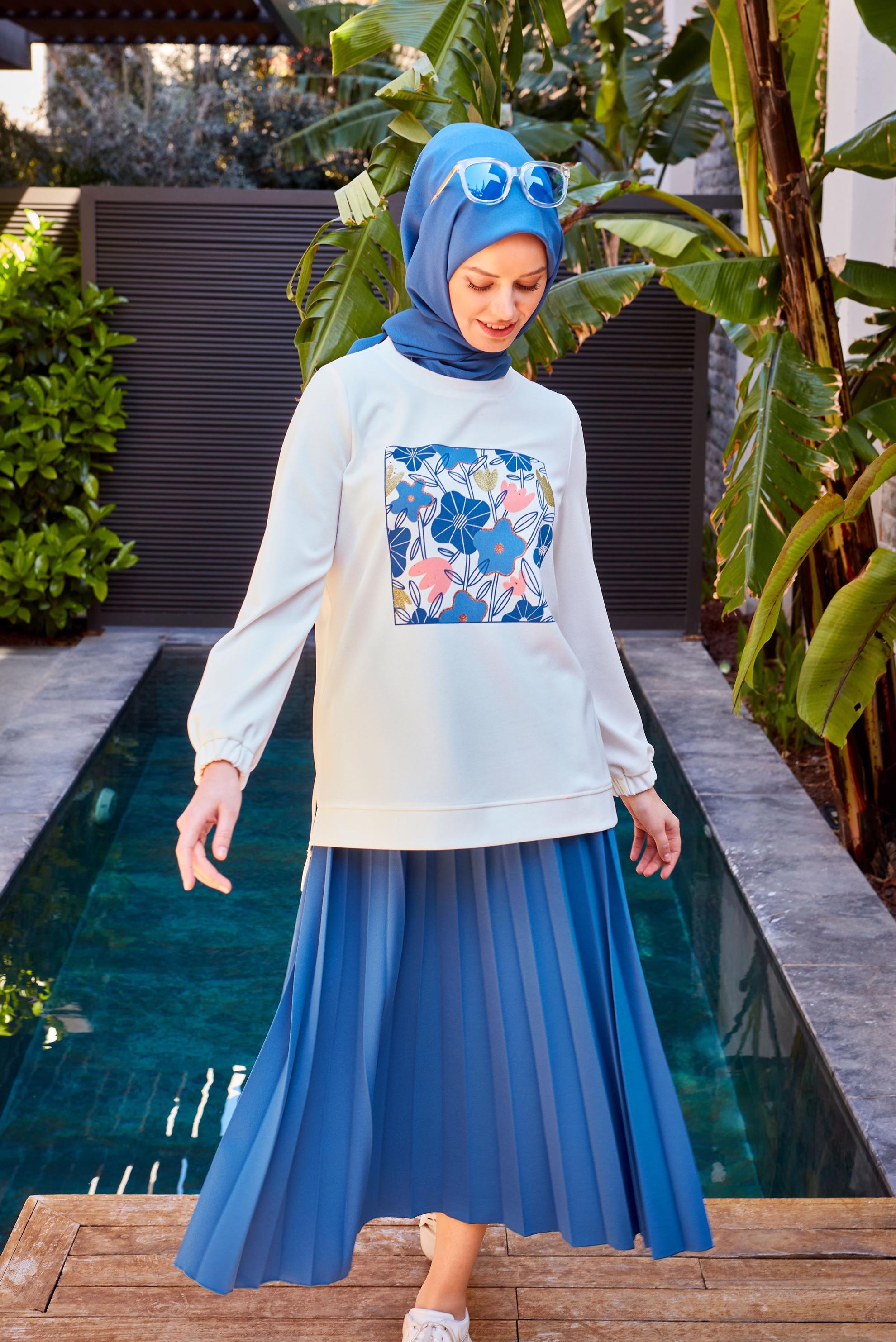 Vêtements hijab BLEU ENSEMBLE SURVÊTEMENT PLISSÉ IMPRIMÉ AVEC JUPE 43723
