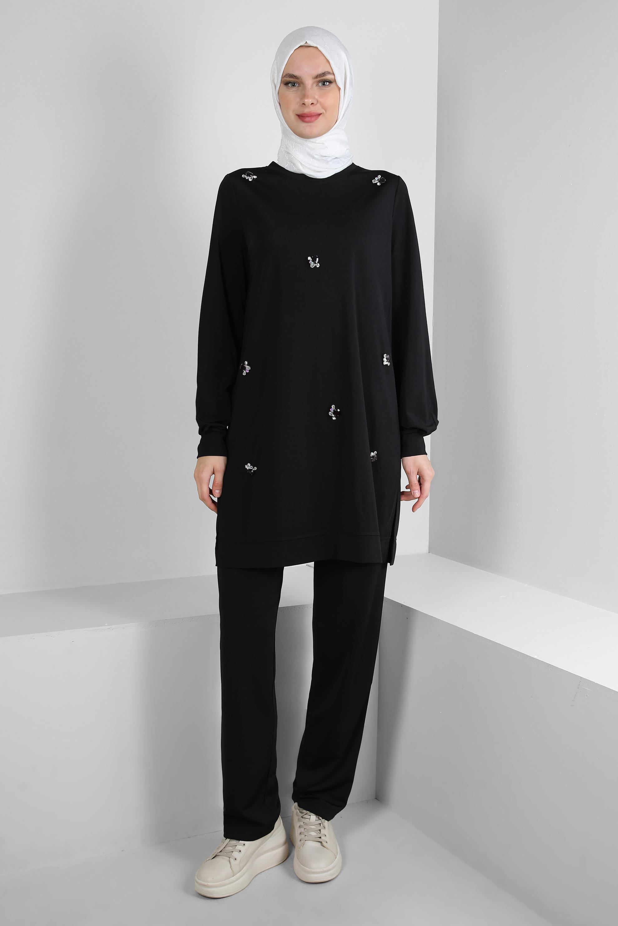 Vêtements hijab NOIR ENSEMBLE DE SURVÊTEMENT À COL ROND BRODÉ DE GEMMES 43725