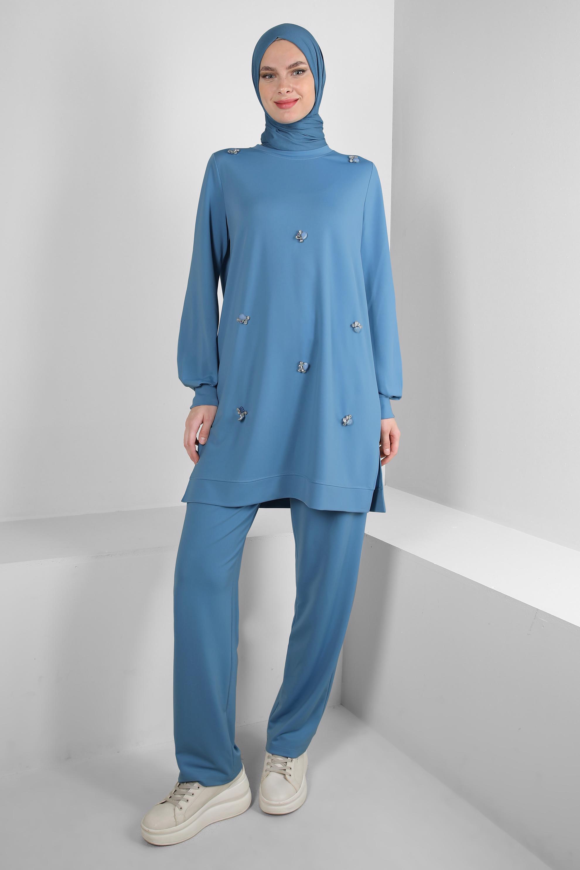 Hijab clothing BLUE GEM EMBROIDERED CREW-NECK TRACKSUIT SET 43725