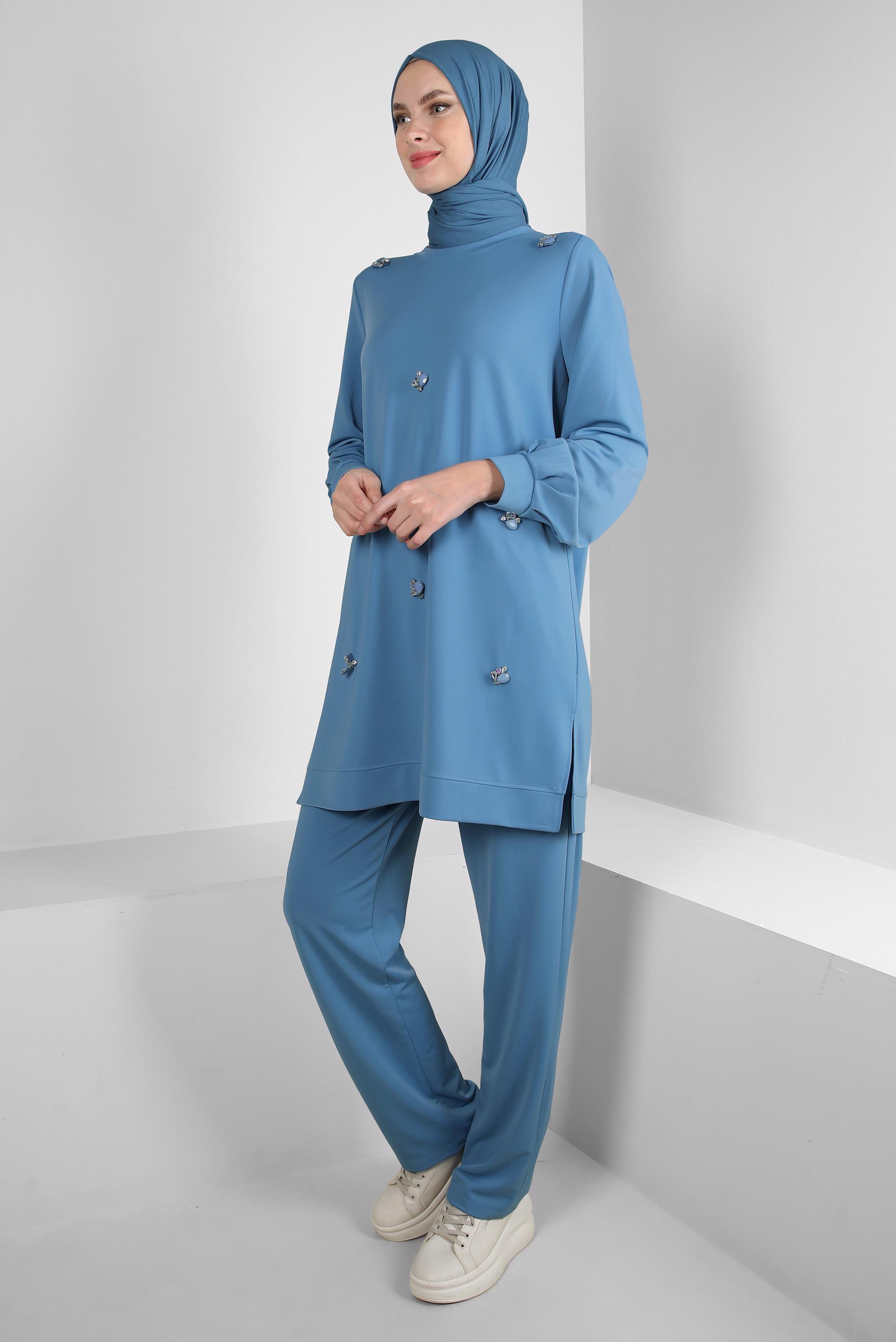 Hijab clothing BLUE GEM EMBROIDERED CREW-NECK TRACKSUIT SET 43725