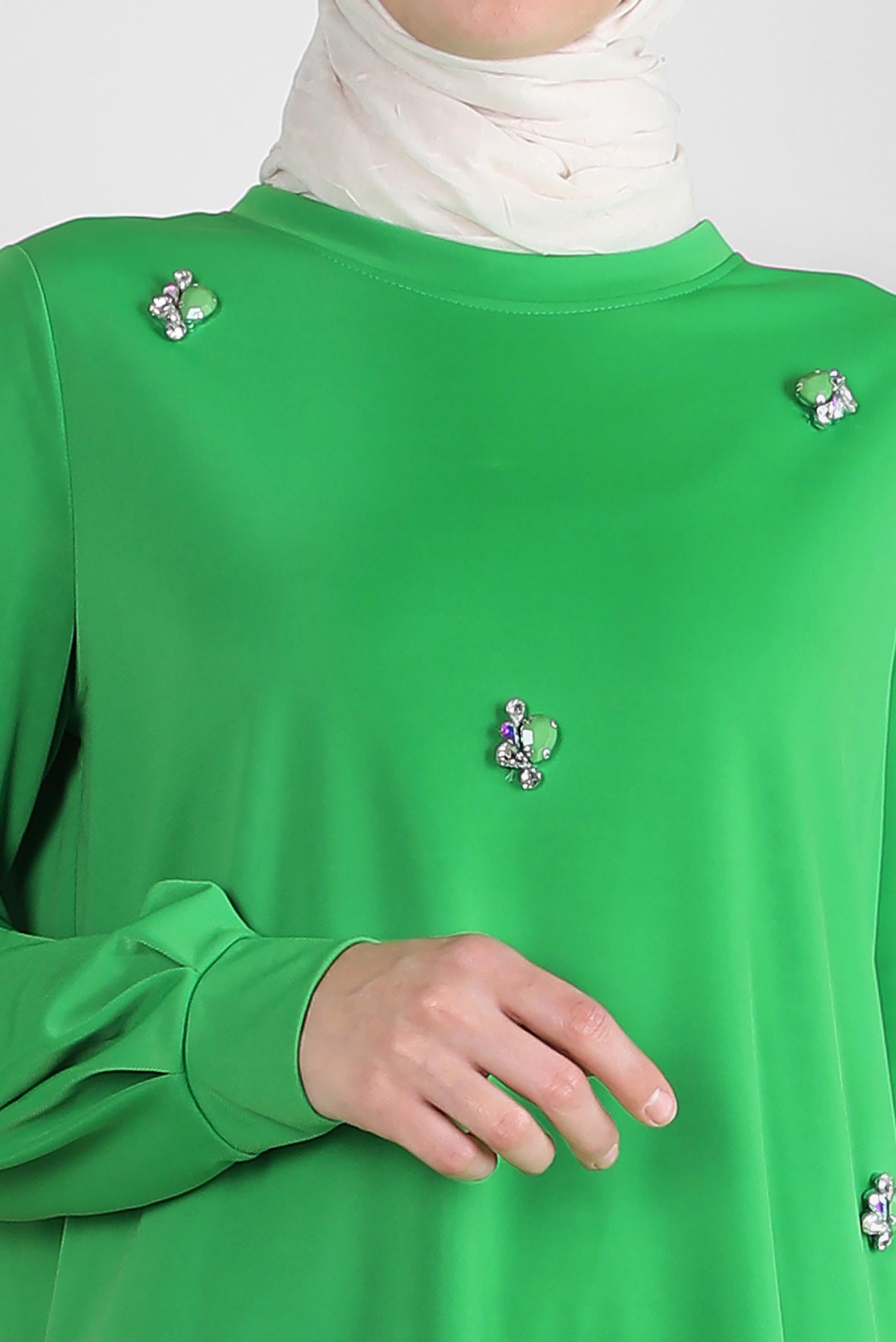 Tesettür giyim YEŞİL TAŞ BASKILI BİSİKLET YAKA PANTOLONLU EŞOFMAN TAKIM 43725