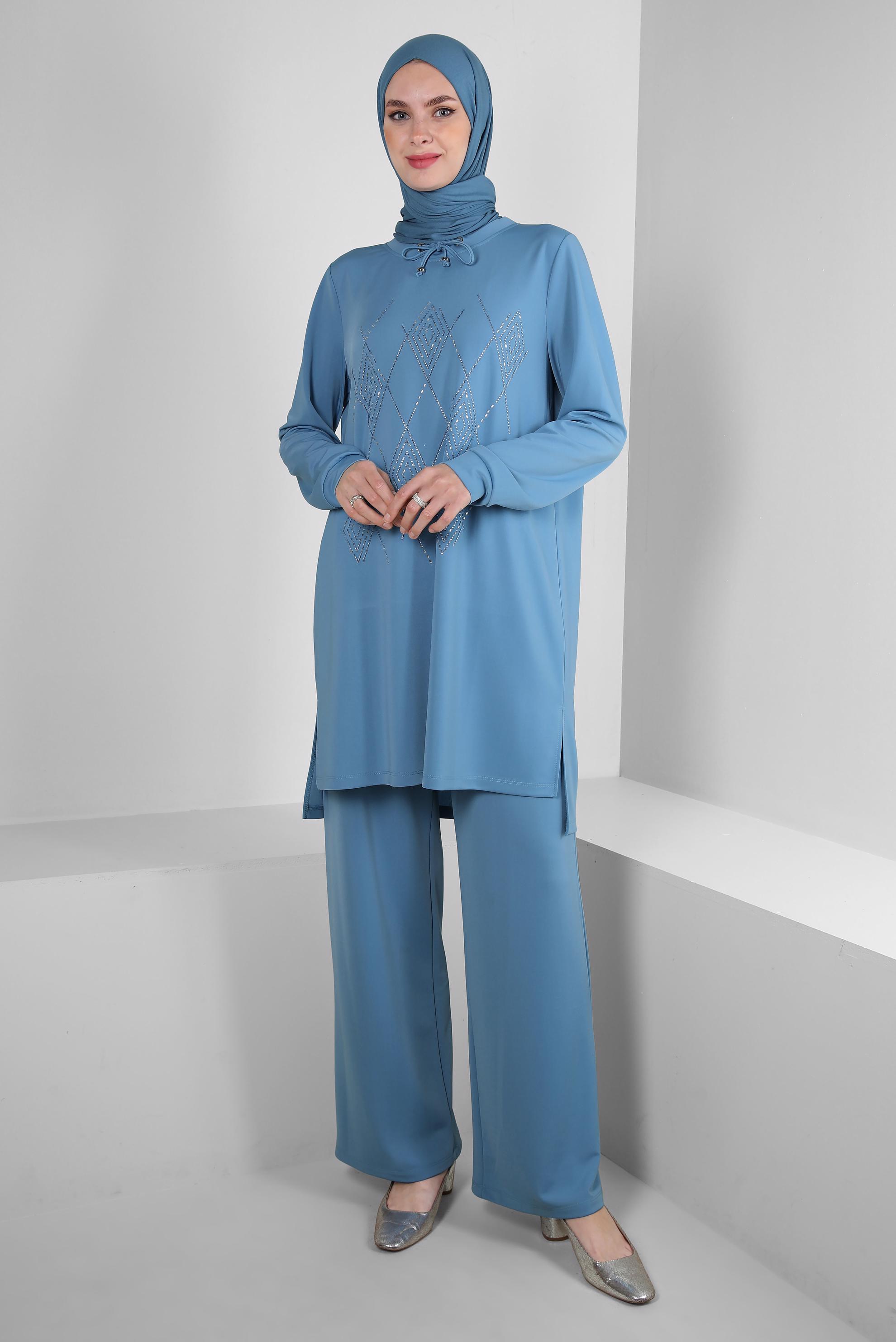 Vêtements hijab BLEU PANTALON DE SURVÊTEMENT BRODÉ DE GEMMES COSTUME 43726