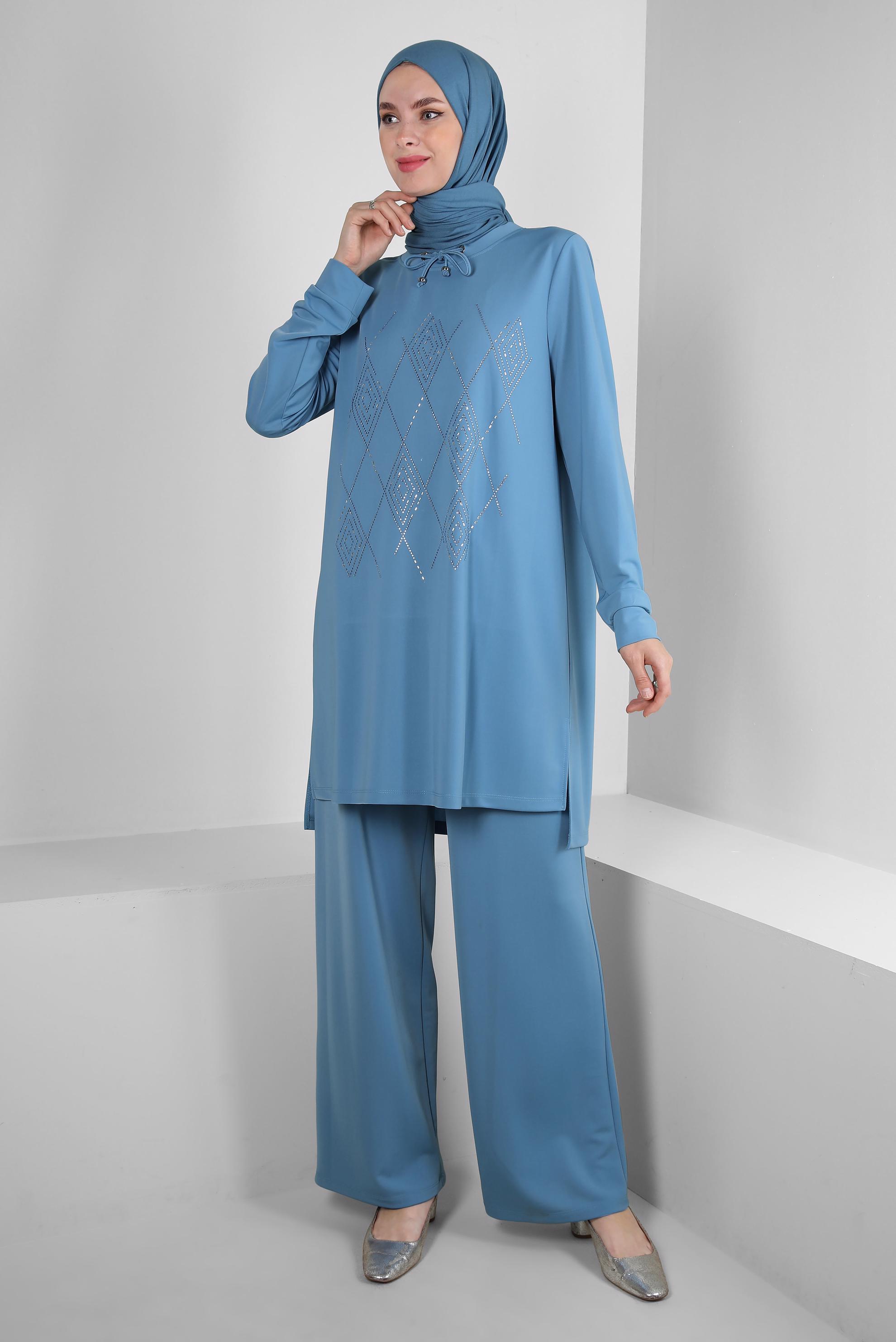 Vêtements hijab BLEU PANTALON DE SURVÊTEMENT BRODÉ DE GEMMES COSTUME 43726