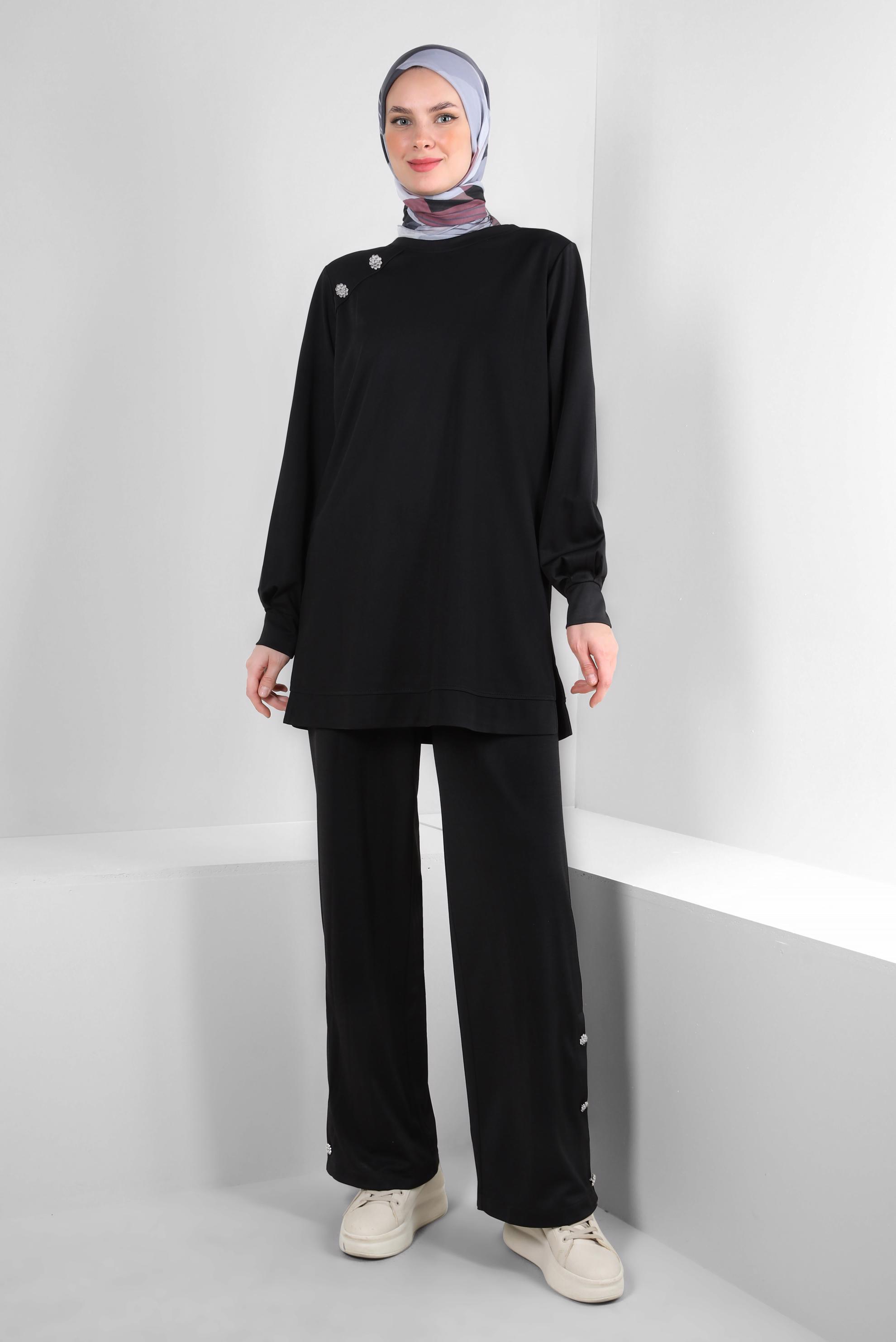 Tesettür giyim SİYAH TAŞ DETAYLI DÜĞMELİ İKİLİ PANTOLONLU TAKIM 43727