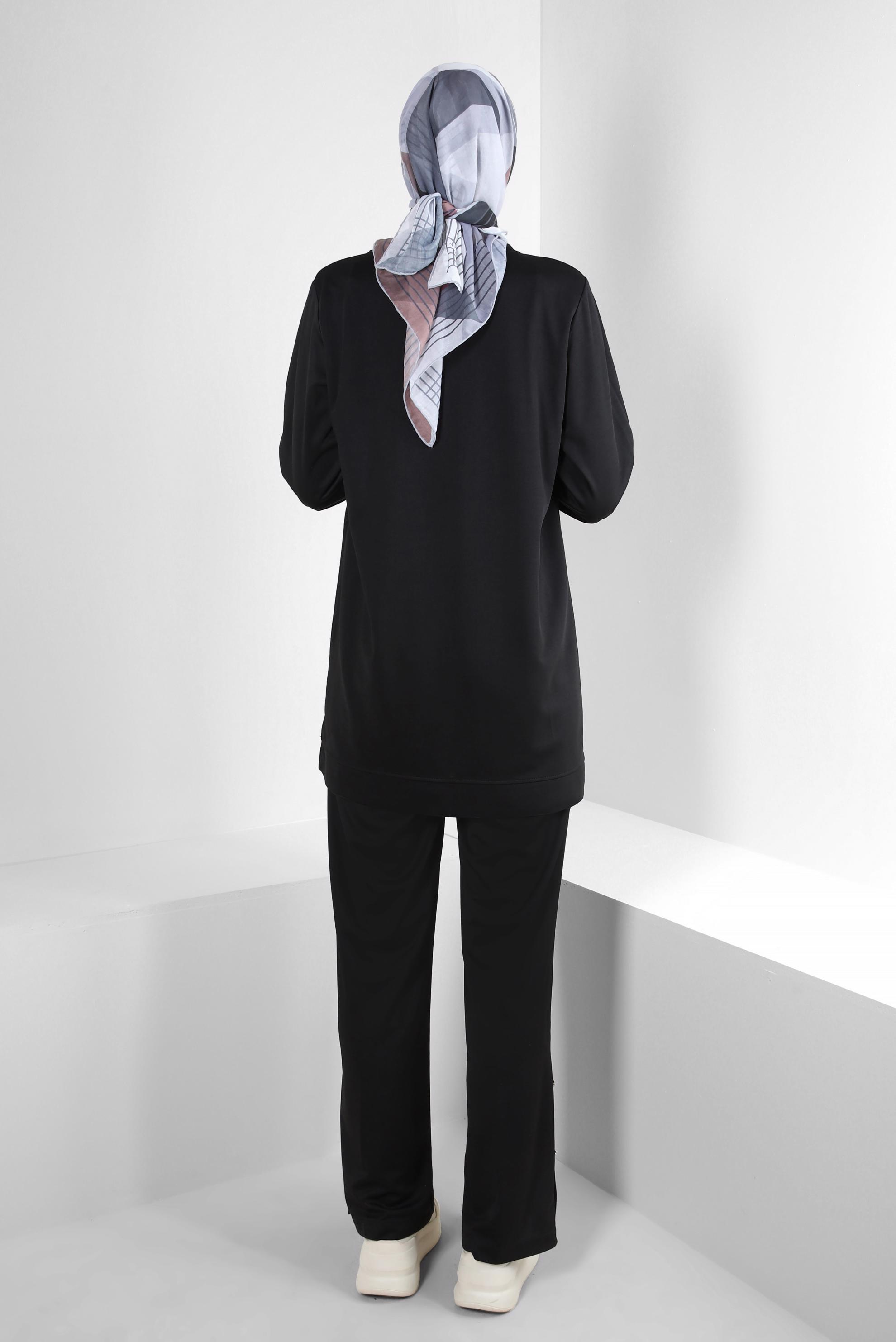 Tesettür giyim SİYAH TAŞ DETAYLI DÜĞMELİ İKİLİ PANTOLONLU TAKIM 43727